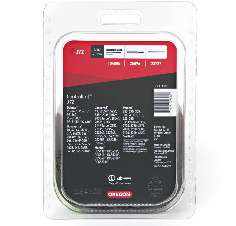 Oregon J72 ControlCut Chainsaw Chain, Fits Various Brands & Models, 18-in