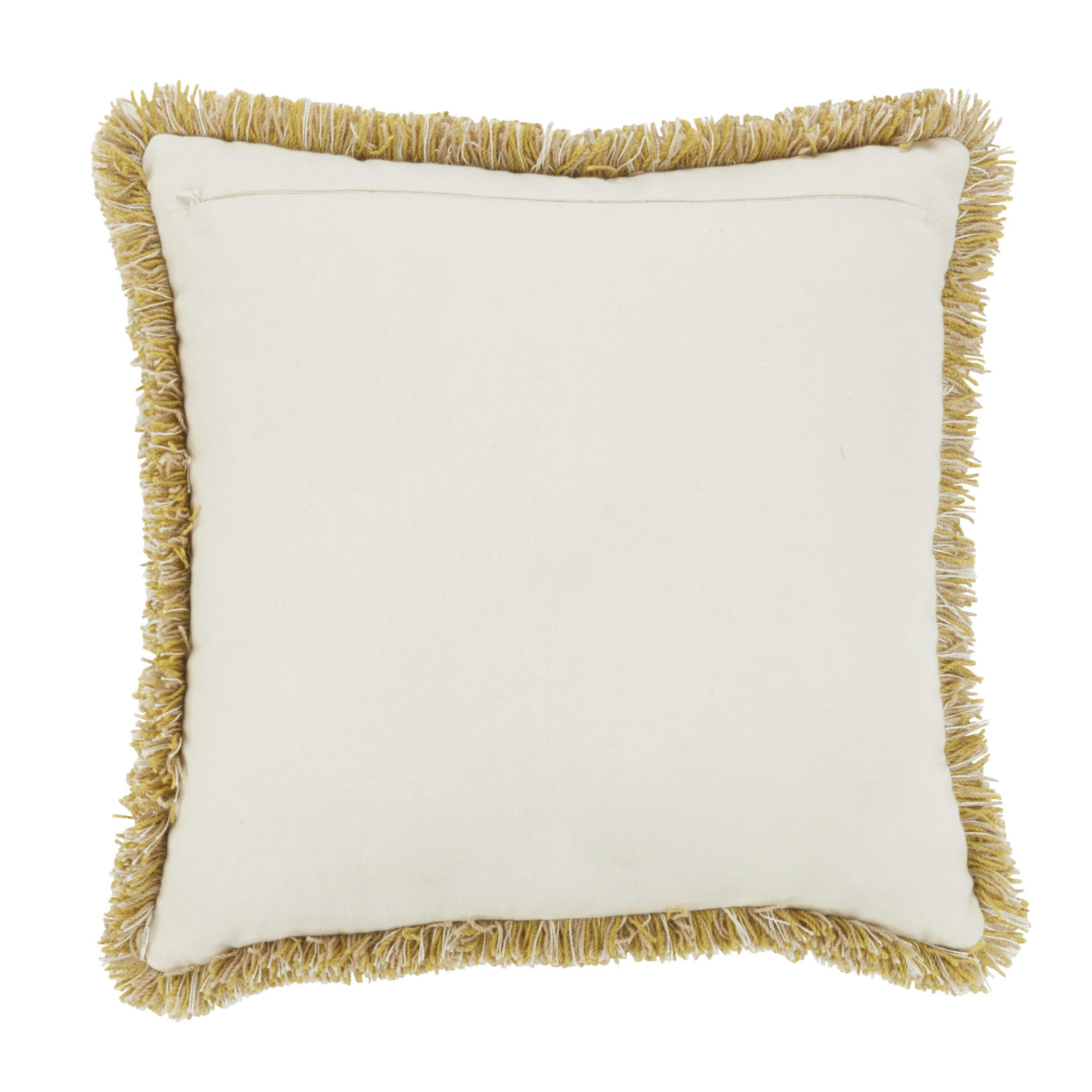 EVANN - Coussin d'extérieur en polyester recyclé tissé écru et jaune ocre à franges 45x45