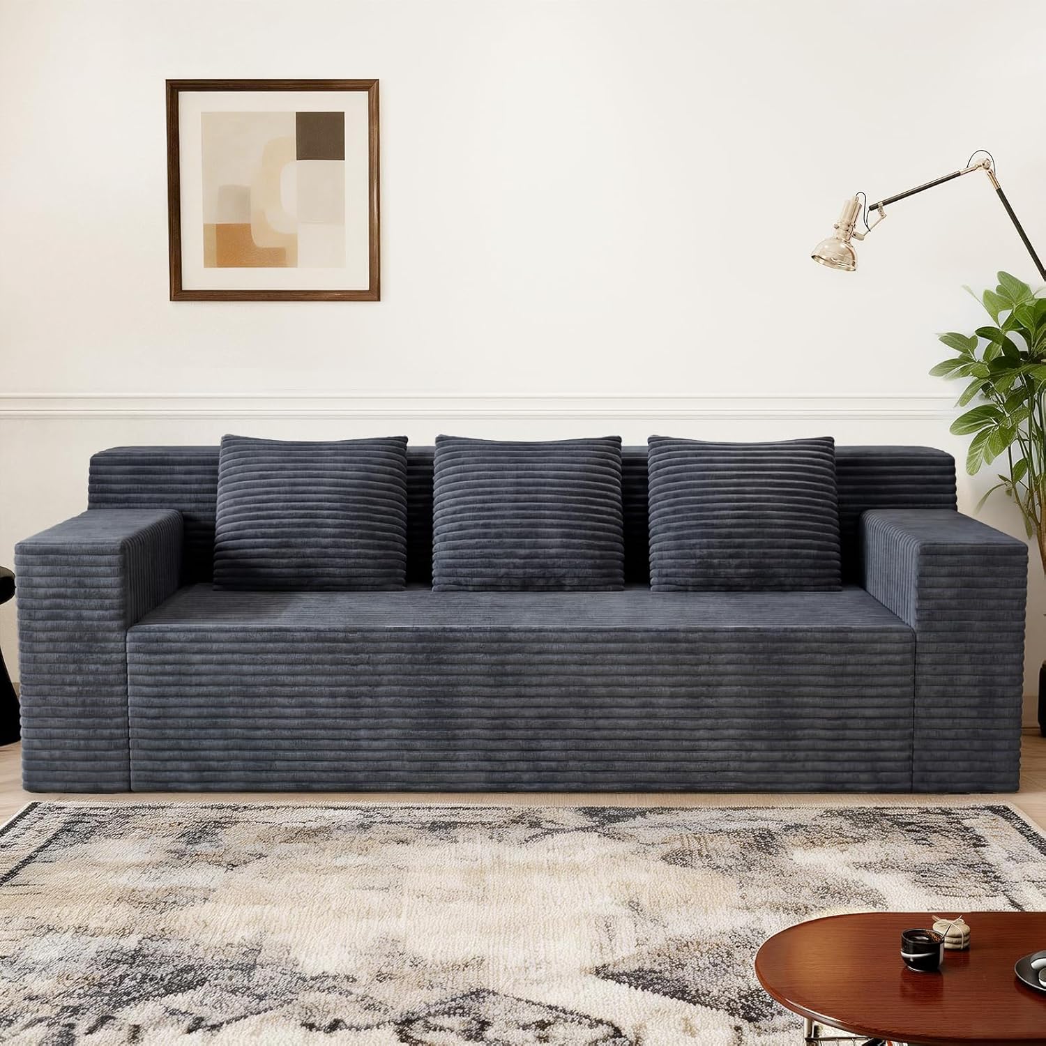 71 Corduroy Living Room Sofa, 3 Setaser Deep Seat Couch with 3 Lumbar Pillows, Comfy Boneless Sofa Modern Compressed Couch for Bedroom, Office, Apartment, No Assembly, Flat Armrests (Dark Grey)