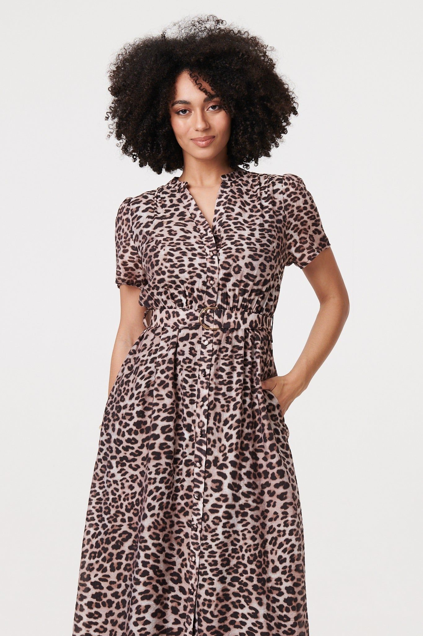 Izabel London Animal Print Belted Midi Shirt Dress