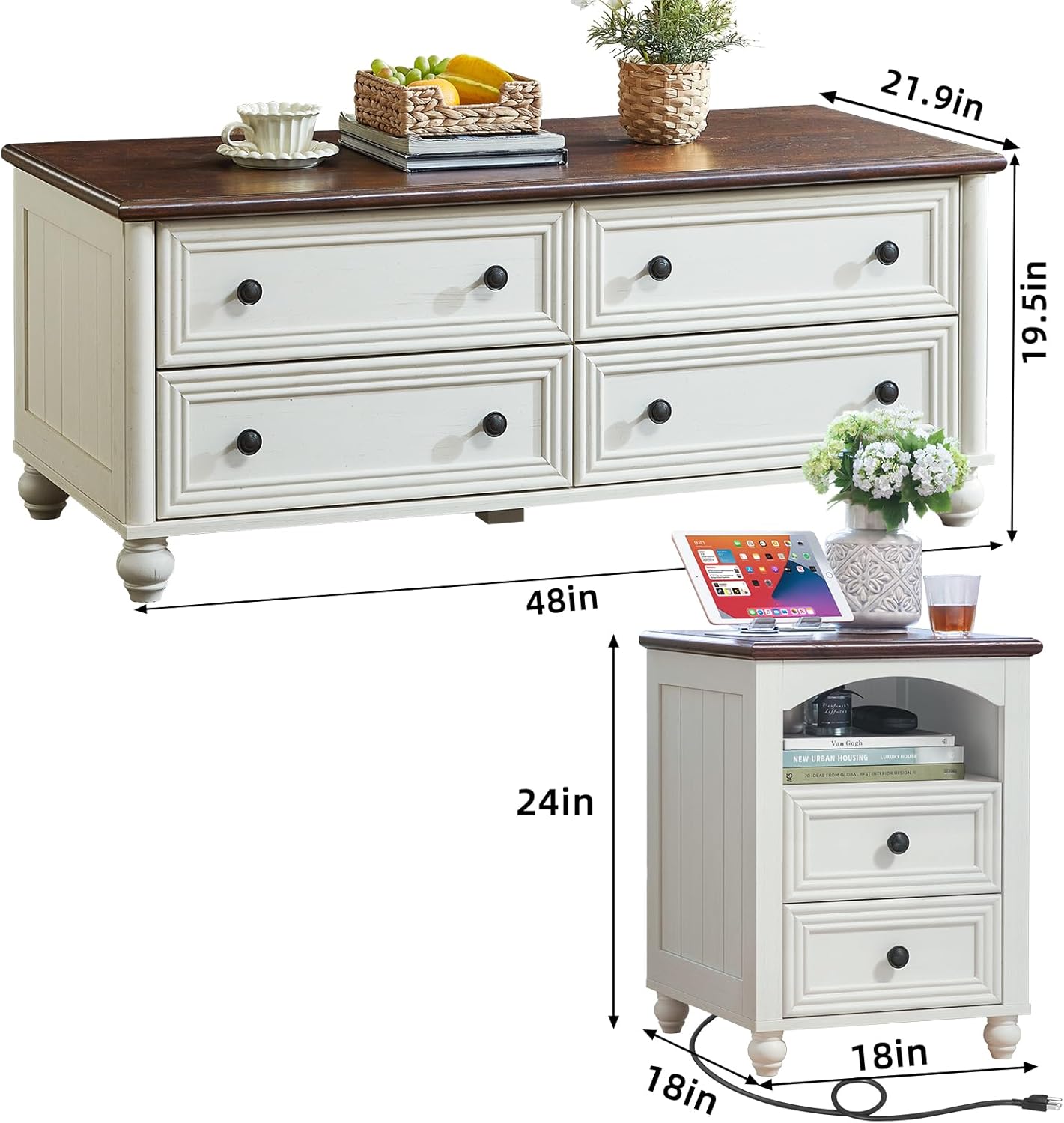 Farmhouse Coffee Table and Night Stand Set of 3,Wood 48 Center Table and 18'' Wide Nightstand with Charging Station,Coffee and End Tables 3-Piece Set for Home Living Room Hallway,White