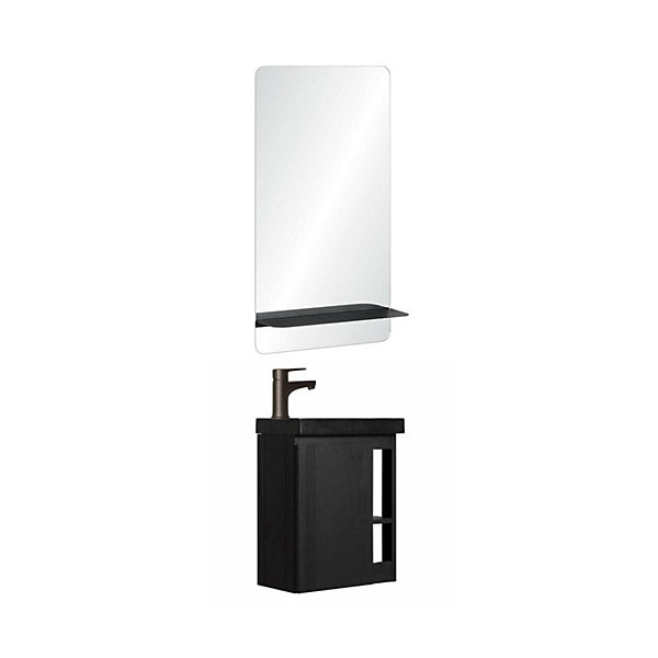 Ensemble lave-mains HAMPTON avec rangement latéral et miroir tablette noire