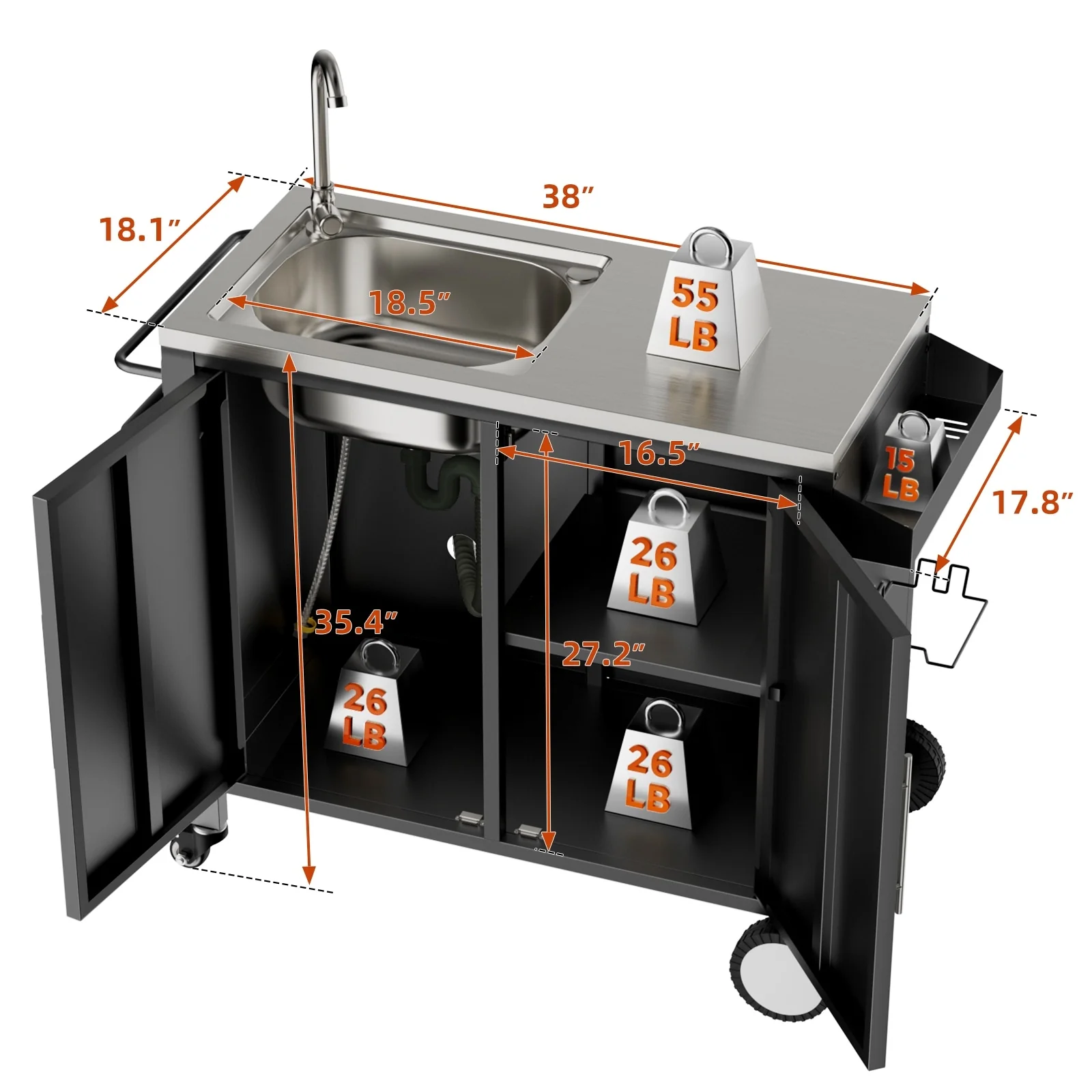 Outdoor Grill Table with Sink, Grill Cart with 304 Stainless Steel Sink and Cabinet, Outdoor Grill Cart