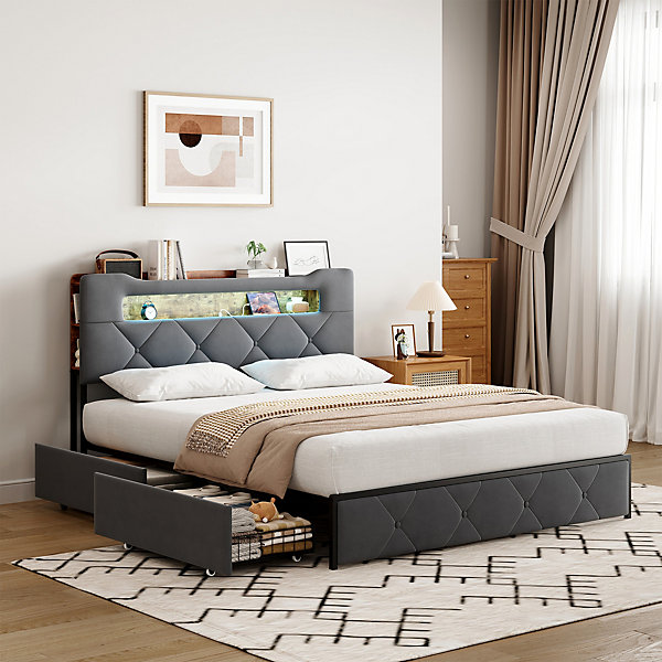 Lit double capitonné 140x200 cm avec lumière LED et port USB, 4 tiroirs, revêtement en velours, gris