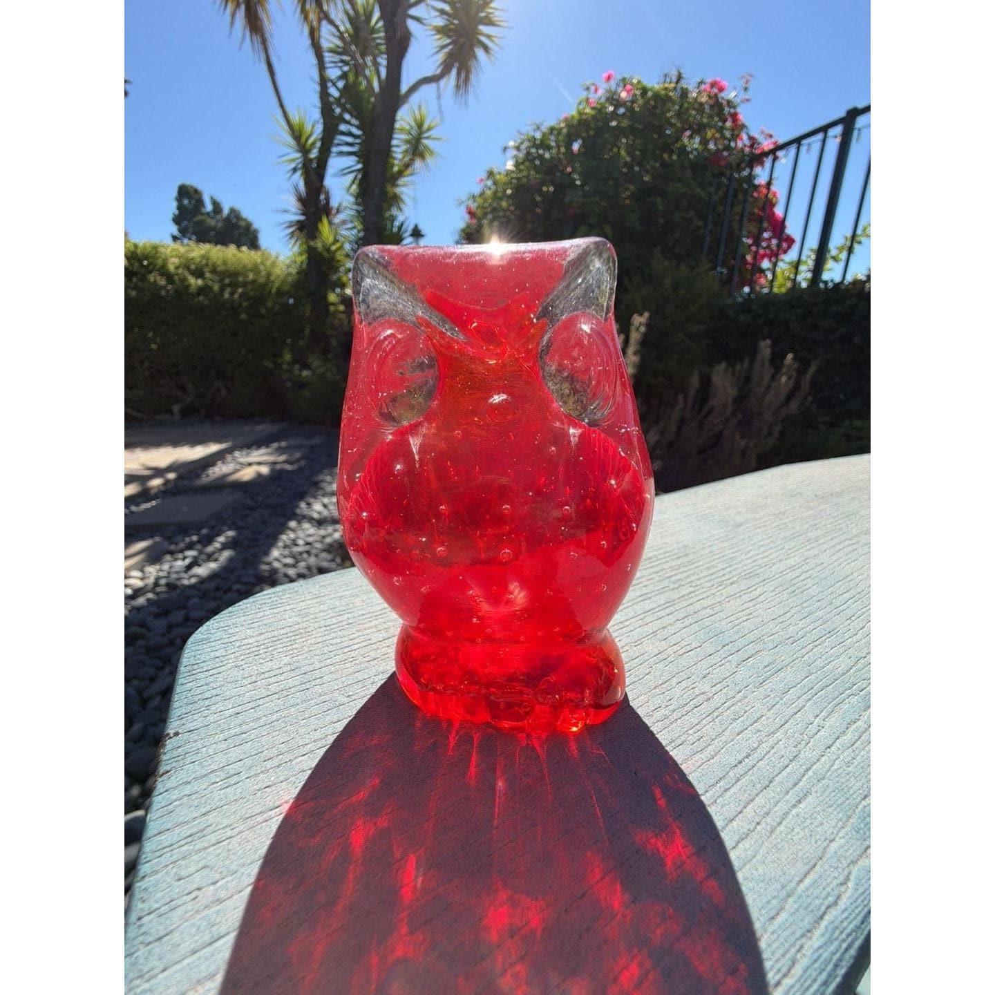 Vintage Lefton Red Glass Owl Figurine Controlled Bubbles Mid Century Japan Art G