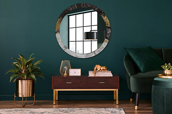 Miroir Rond Cadre Imprimé Design Wallfluent fi90 cm Loft En Marbre Tendance Boho Minimaliste Sans Joint