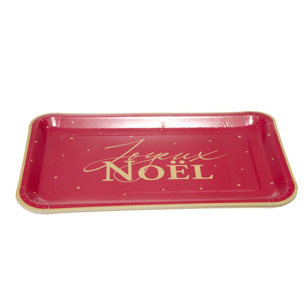 Plateau rectangulaire X8 pcs inscription Joyeux No&euml;l L30X19XH1,5 cm rouge