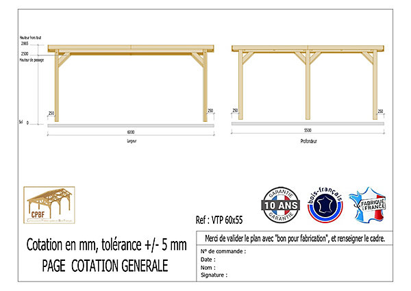 Carport toit plat, 600cmx550cm, bois DOUGLAS Français(Charpente en bois-auvent-abri voiture) 33 m². Garantie 10 ans
