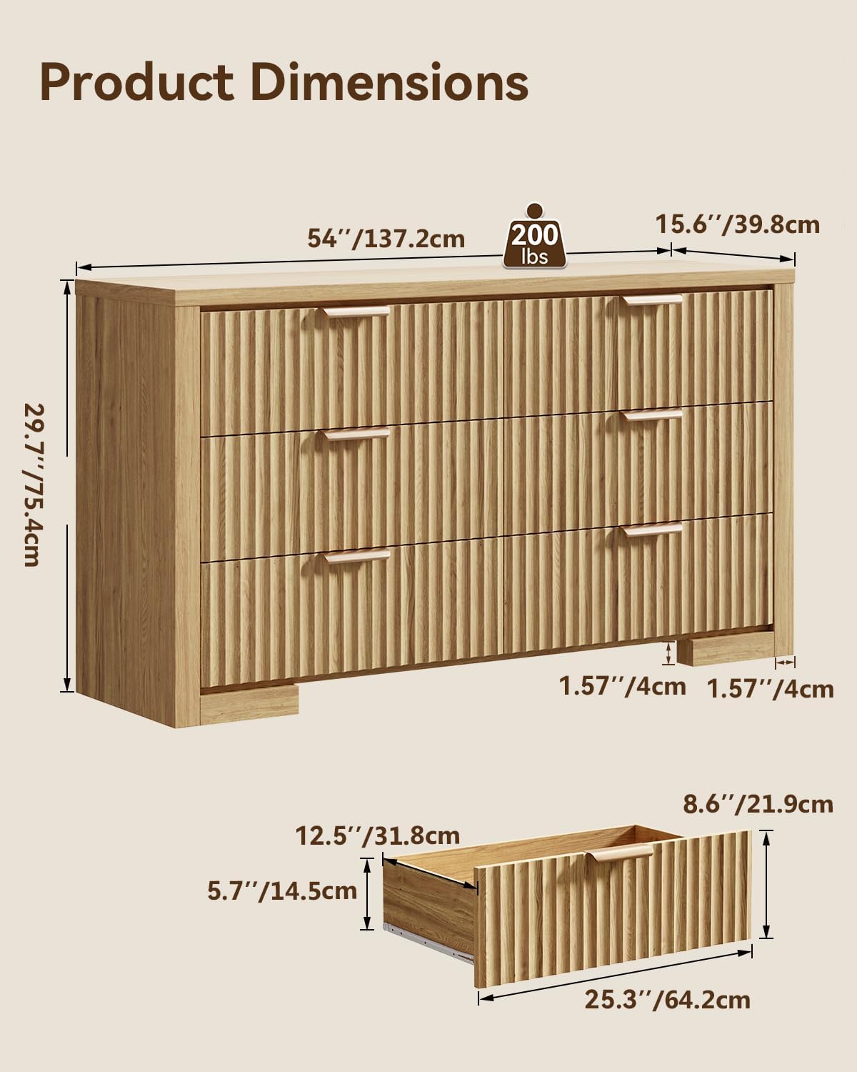 Fluted 6 Drawer Dresser for Bedroom, 54 Wide Chest of Drawers with Metal Handle, Modern Storage Dressers Organizer for Living Room, Hallway, Natural Oak