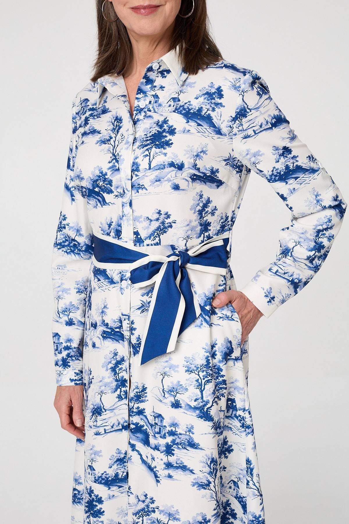 Izabel London Border Print Tie Waist Maxi Shirt Dress