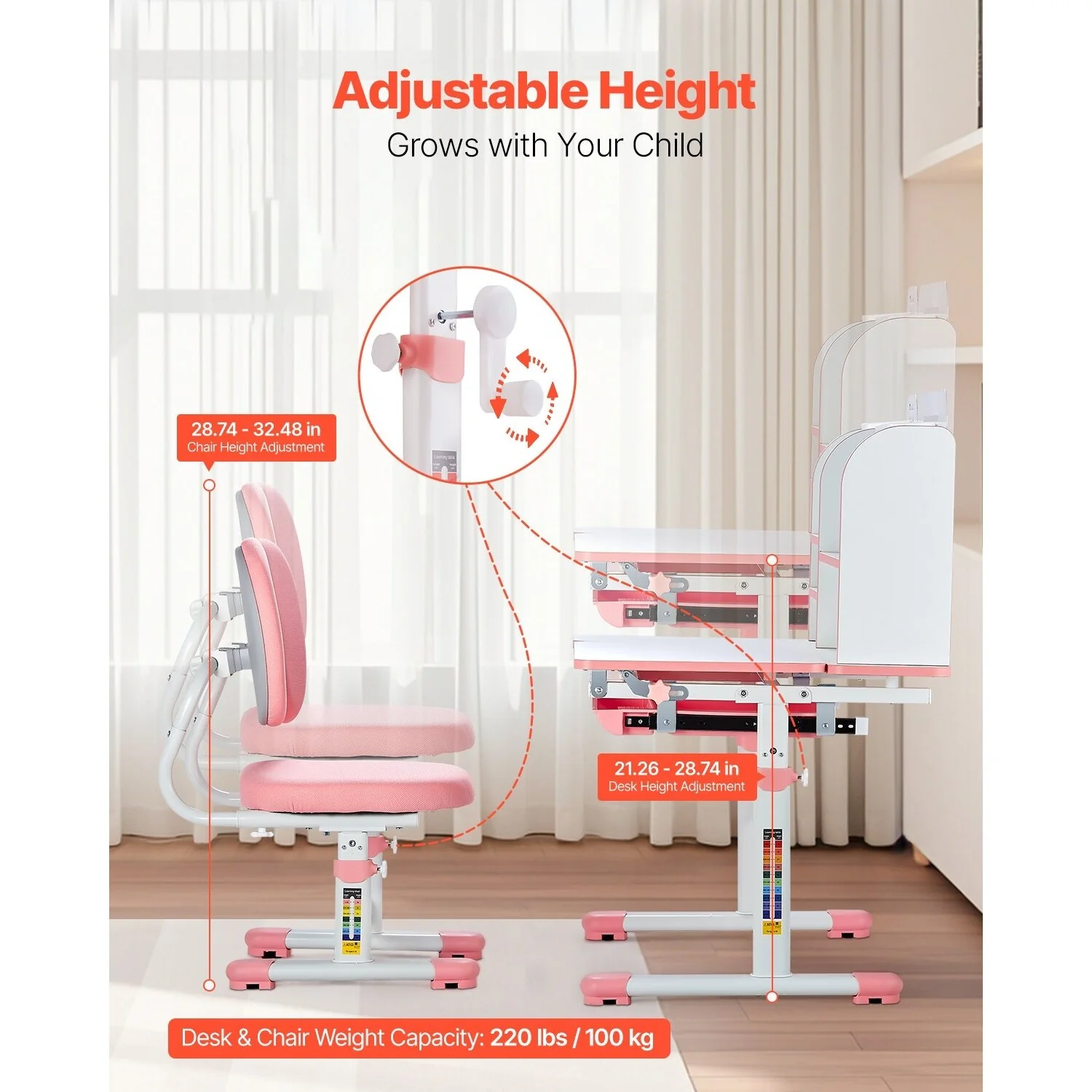 Pink Kids Height Adjustable Chair and Desk with Bookshelf and Storage Drawer and - 31.50 x 23.62 x (21.26 - 28.74) in