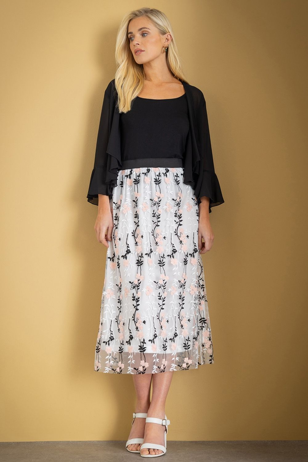 Klass. Botanical Embroidered Mesh Pull On Skirt