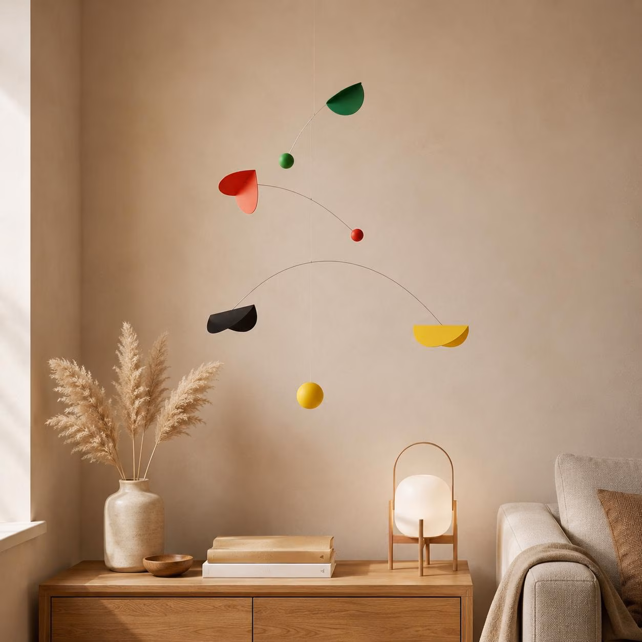 Handcrafted Kinetic Mobile, Bauhaus Mondrian Style Geometric Art, Primary Colors Ceiling Decor