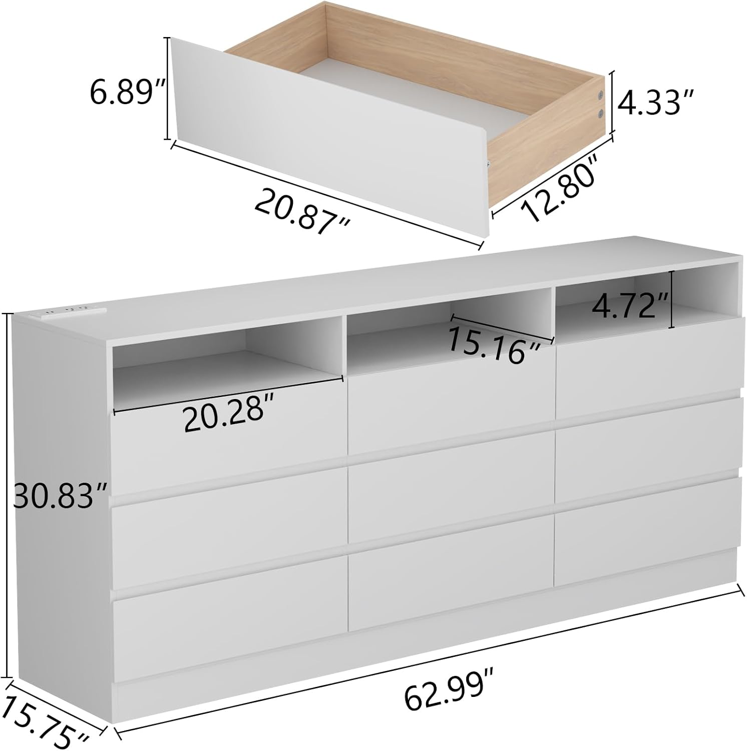 Drawer Dresser for Bedroom with Power Outlet, White Dressers with LED Light, Dresser Chest of Drawers for Closet, Wooden Dressers Organizer Cabinet for Living Room, Entryway, Hallway (White 9 Drawers)