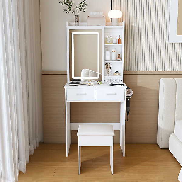 Coiffeuse 60x36x136 cm avec miroir LED réglable, prises USB intégrées et tiroirs, ensemble compact avec tabouret