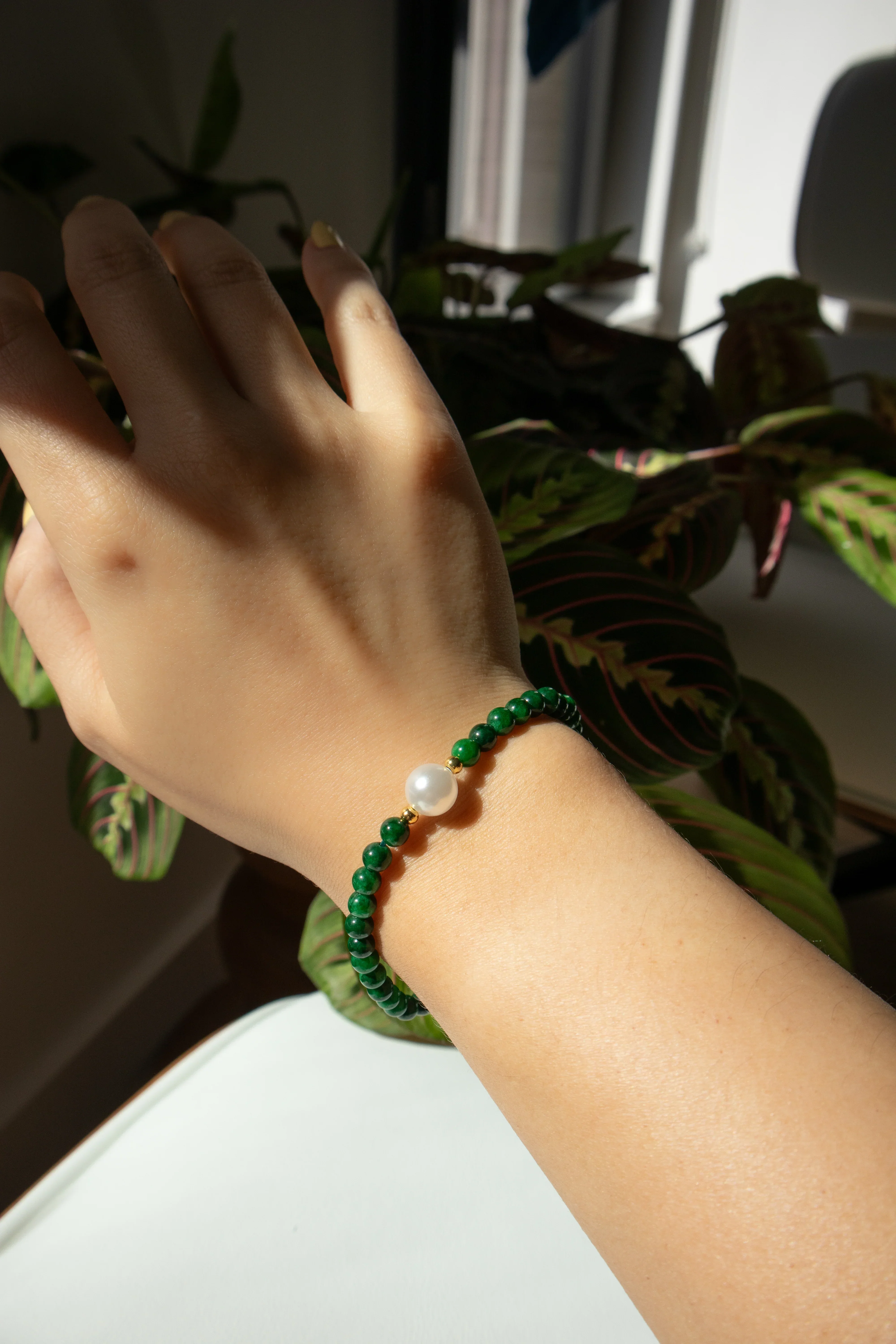 Clara — Pearl and Green Chalcedony Beaded Bracelet