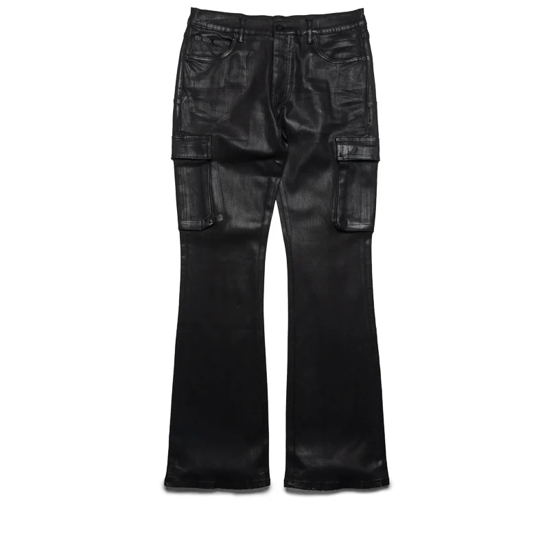Purple Brand Low Rise Flared Leg Coated Cargo Flare Jean - Black