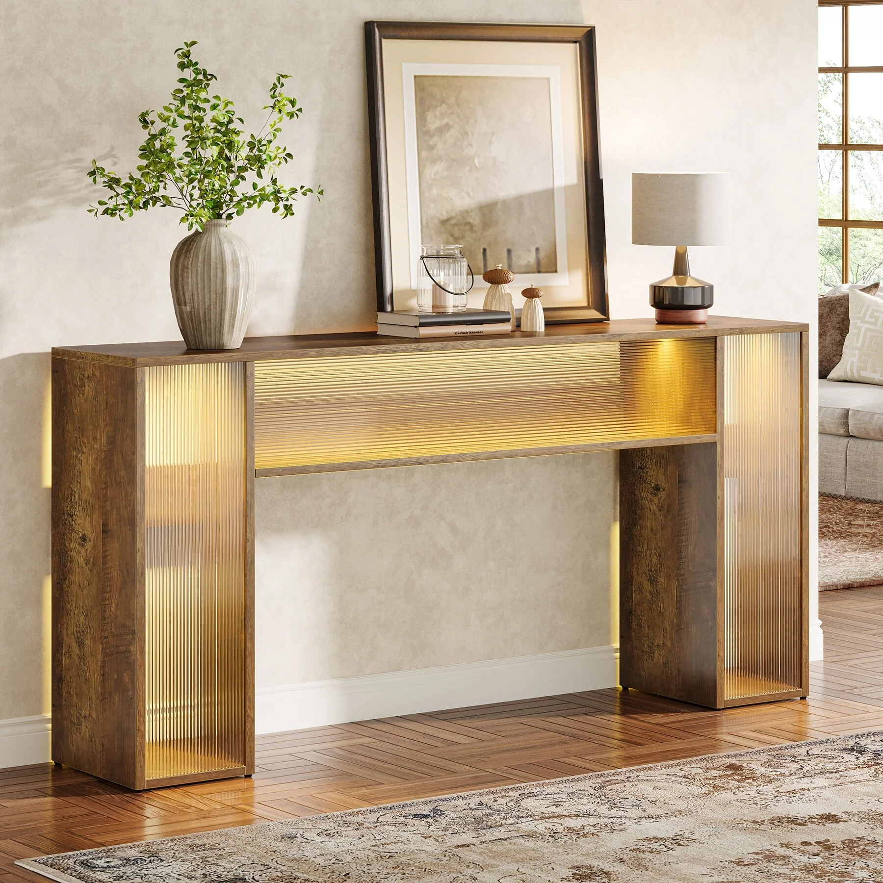 63 Inches Farmhouse Console Sofa Table with LED Lights for Entryway - 62.99 W x 11.81 D x 33.07 H