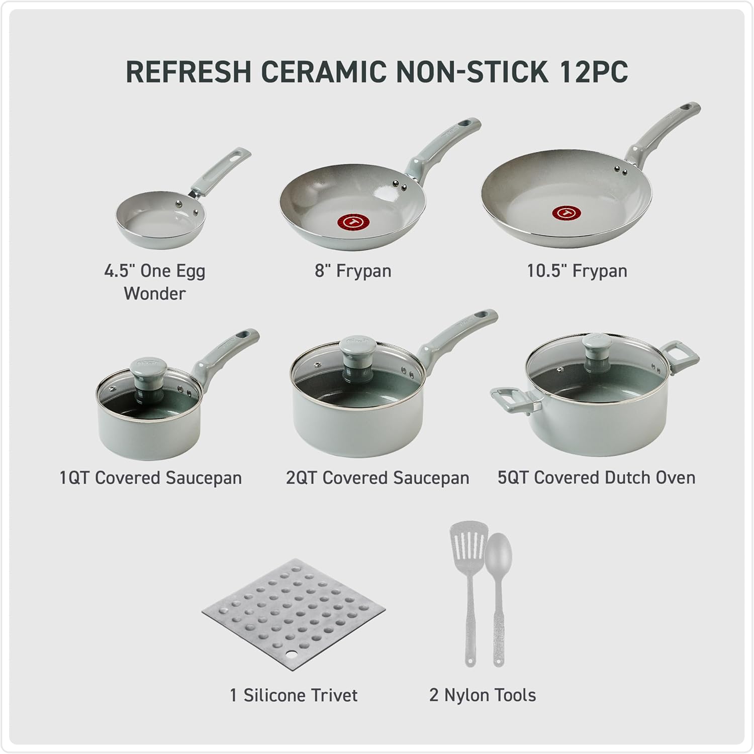 T-Fal Refresh Ceramic Nonstick Cookware Set, 12-Piece Ceramic Pots and Pans Set, Includes Stockpot, Griddle, Frying Pans, Utensils, Moon Grey