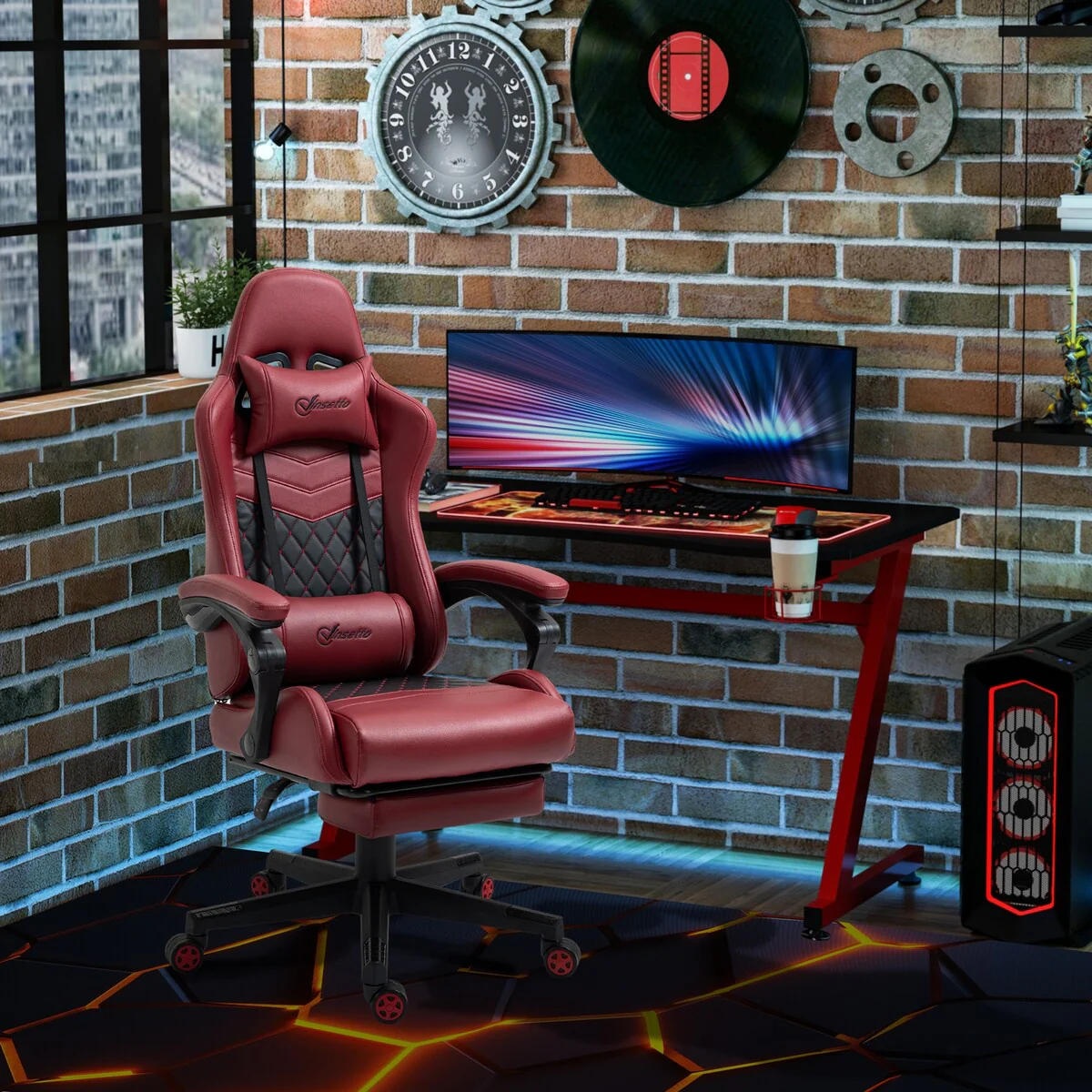 Diamond PU Leather Office Gamer Chair High Back Swivel Recliner with Footrest, Lumbar Support, Adjustable Height, Red