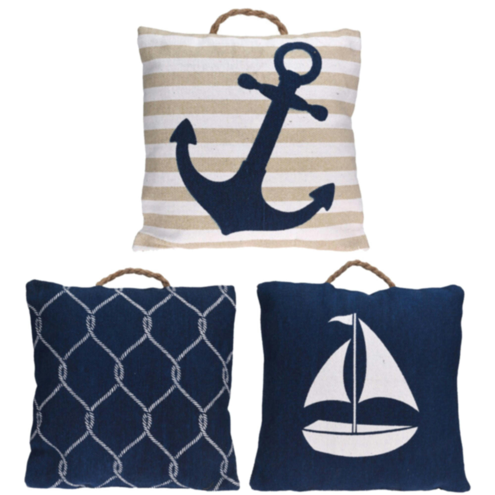 - Set de 3 coussins en coton bleu blanc et beige - 45x45cm