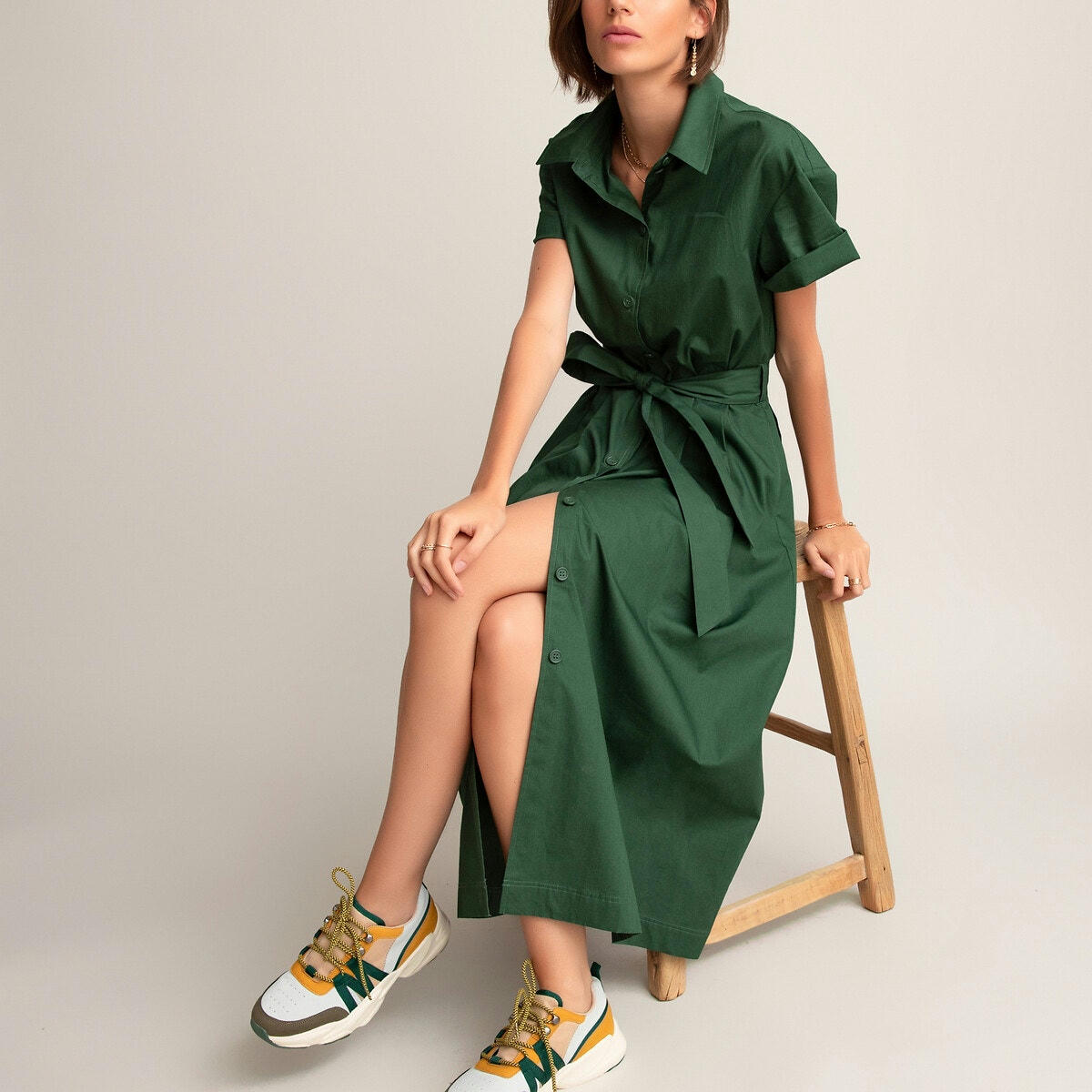 Robe-chemise longue, ceinture à nouer