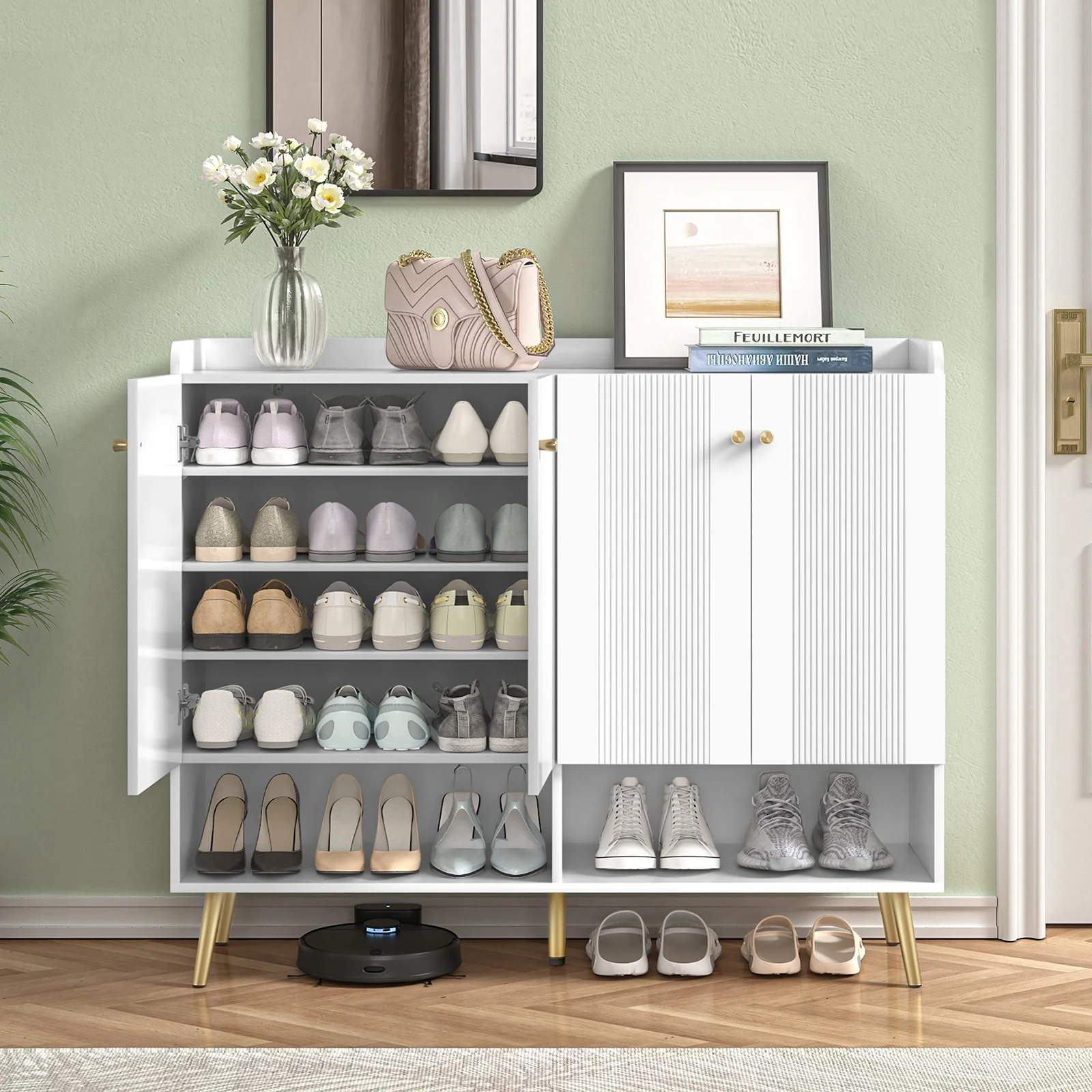 Modern 30 Pairs White Large Shoe Storage Cabinet 6-Tier Shoe Rack Organizer with 4 Doors for Entryway