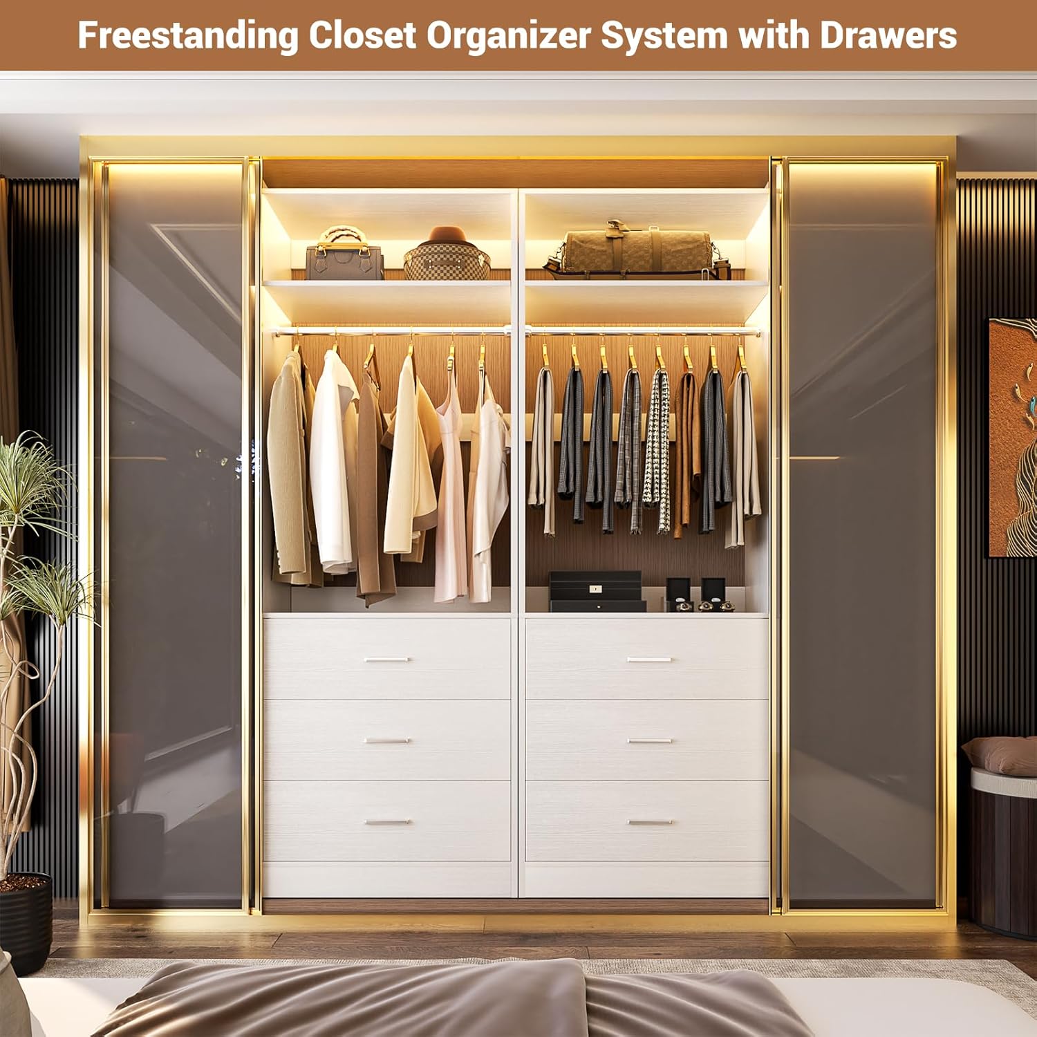 Closet System Set of 2, 4FT Closet Systems with 6 Wood Drawers, 48 Closet Organizer System with 2 Hanging Rods & 2 Shelves, Heavy Duty 48 Inch Walk-in Closet , White (48L x 15 W x 80 H)