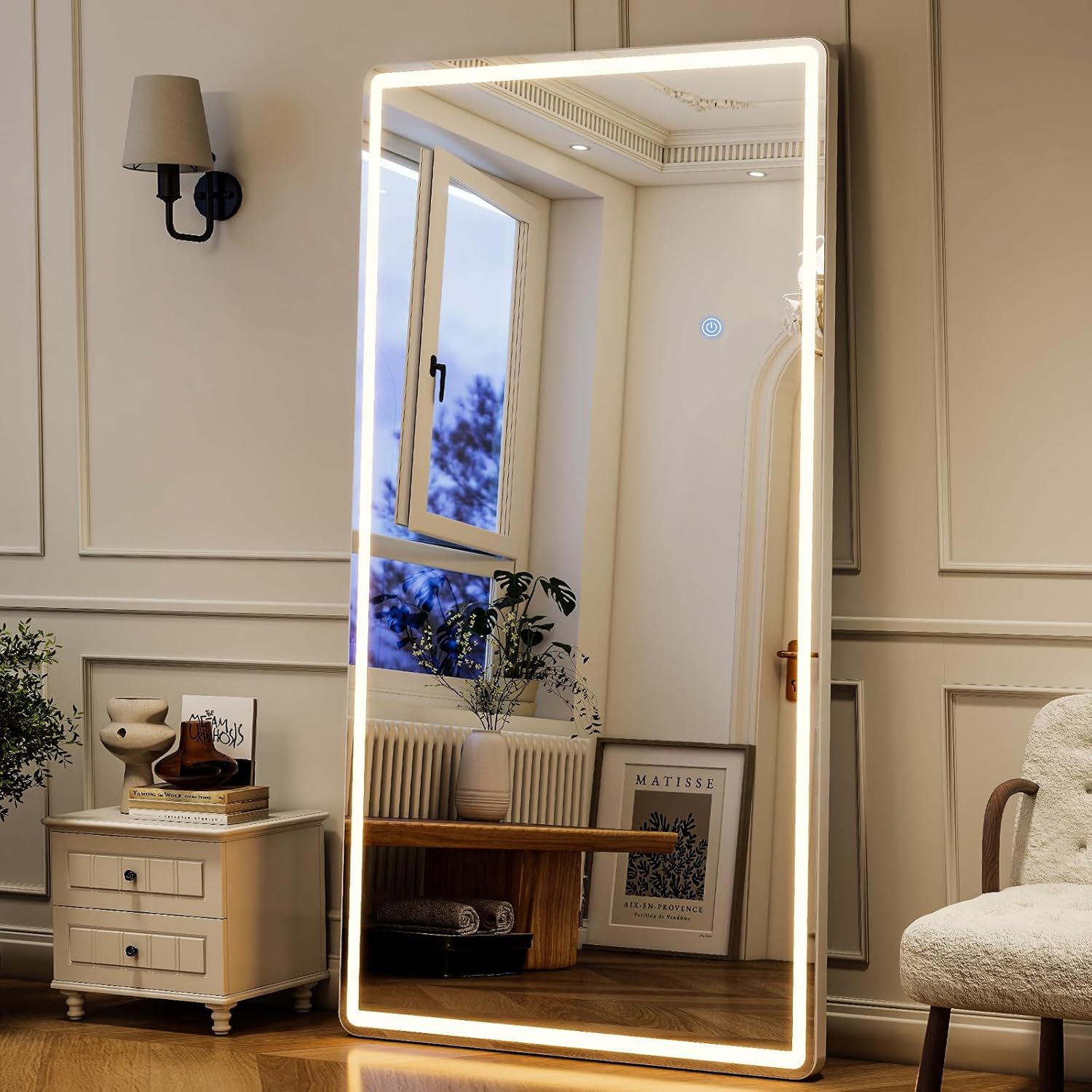 GLSLAND 34x76 inch Full Length Mirror with Lights - LED Full Body Mirrors Stepless Dimmable 3 Color Lighting Floor Standing Hanging for Bedroom Cloakroom,White