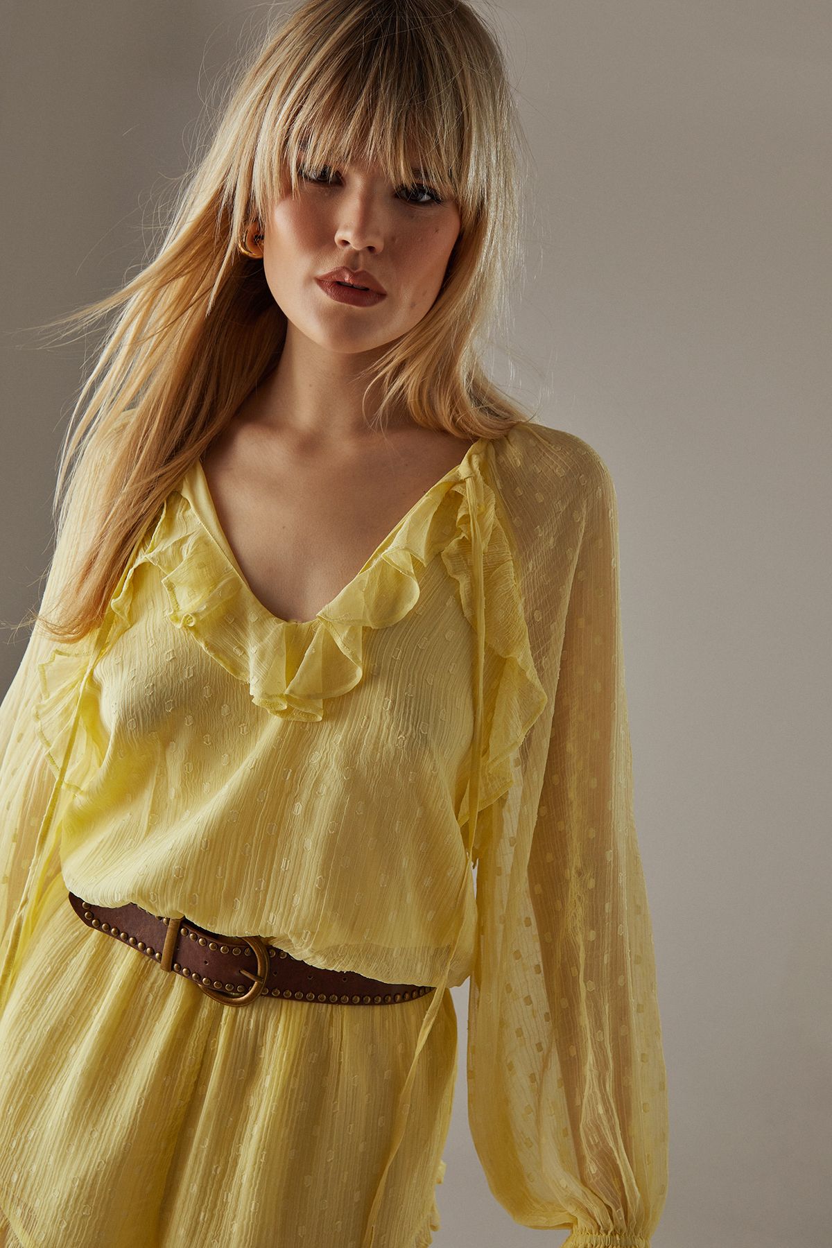Warehouse Marble Dobby Chiffon Ruffle Blouson Playsuit