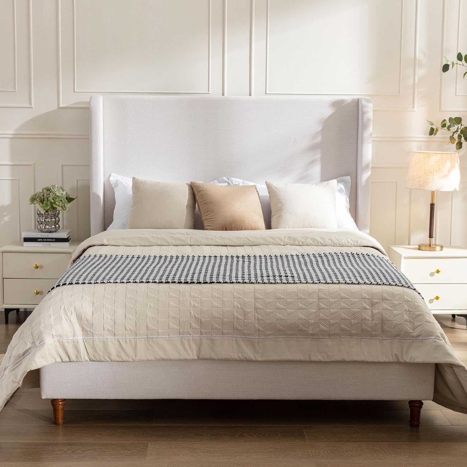 Queen 54 Tall Headboard Wingback Upholstered Platform Bed Frame Elegant Simplicity Textured Canvas for Bedroom Strong Wood Slats Support No Box Spring Needed Easy Assembly No Noise Ivory