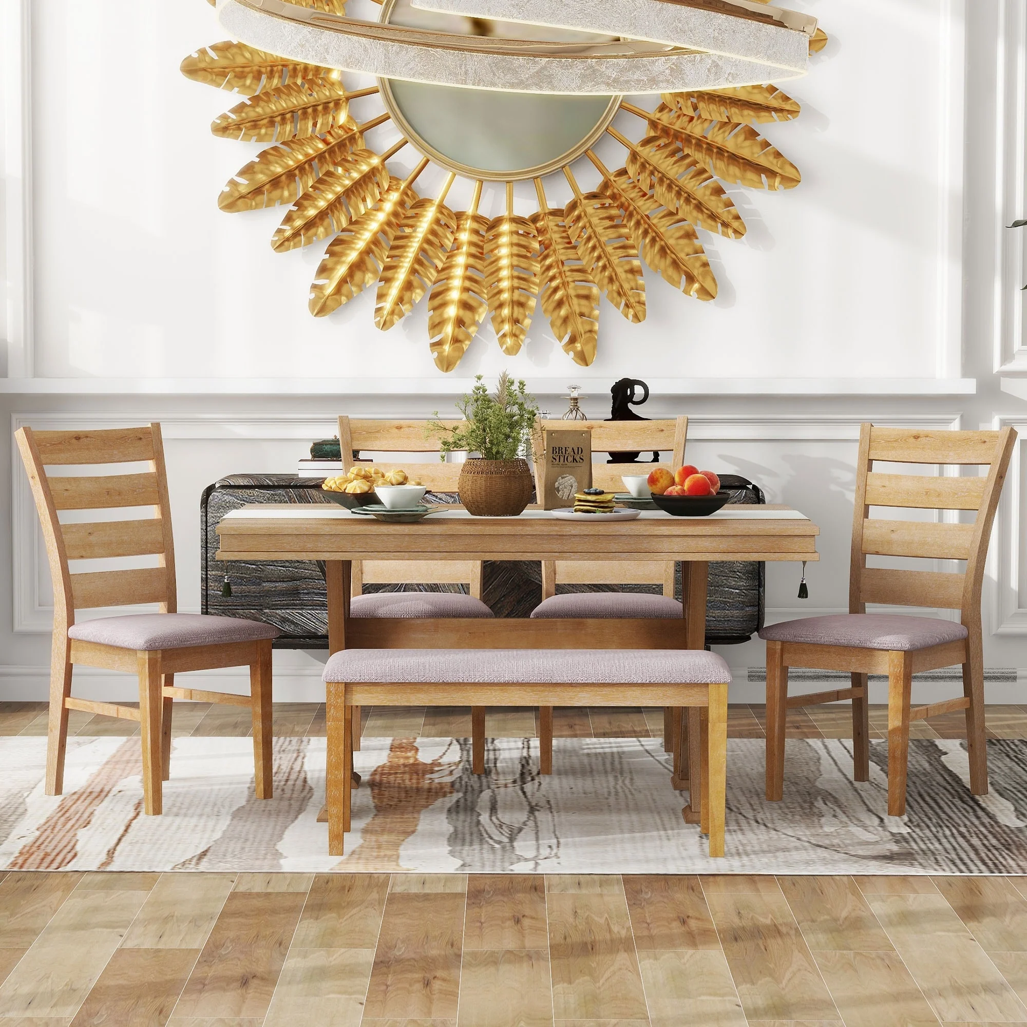 Retro 6-Piece Wooden Dining Table Set with 4 Chairs & Bench