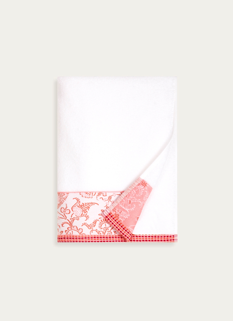 DRAP DE DOUCHE EN JACQUARD MOTIF FLORAL ÉCRU/ROSE