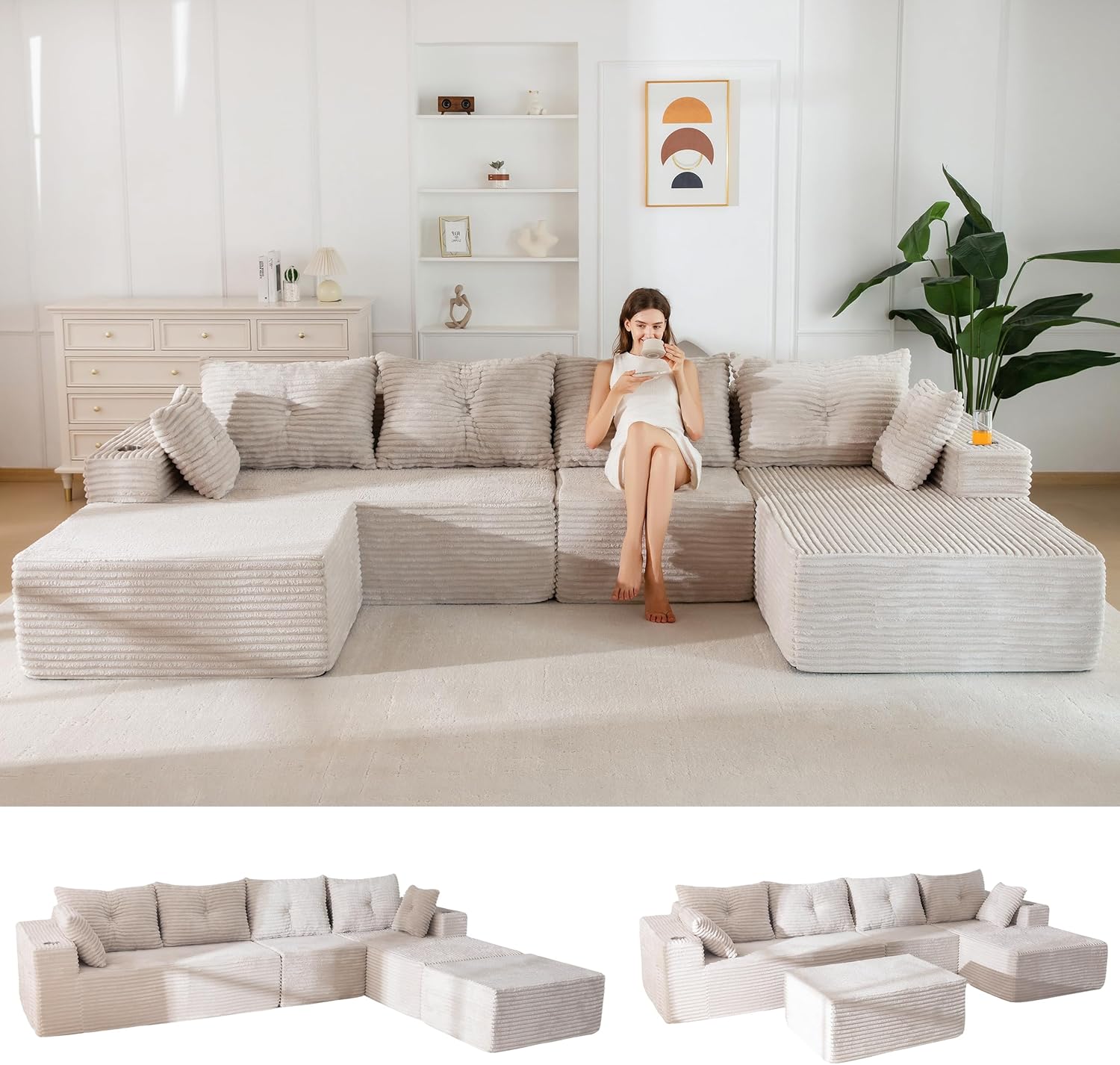 MAXYOYO 132 Giant U-Shaped Modular Sectional Couch, Modern Boneless Couch for Living Room, Sofa in A Box, Oversized Sofa Sleeper with Deep Seat, No Assembly Required, Grayish Beige