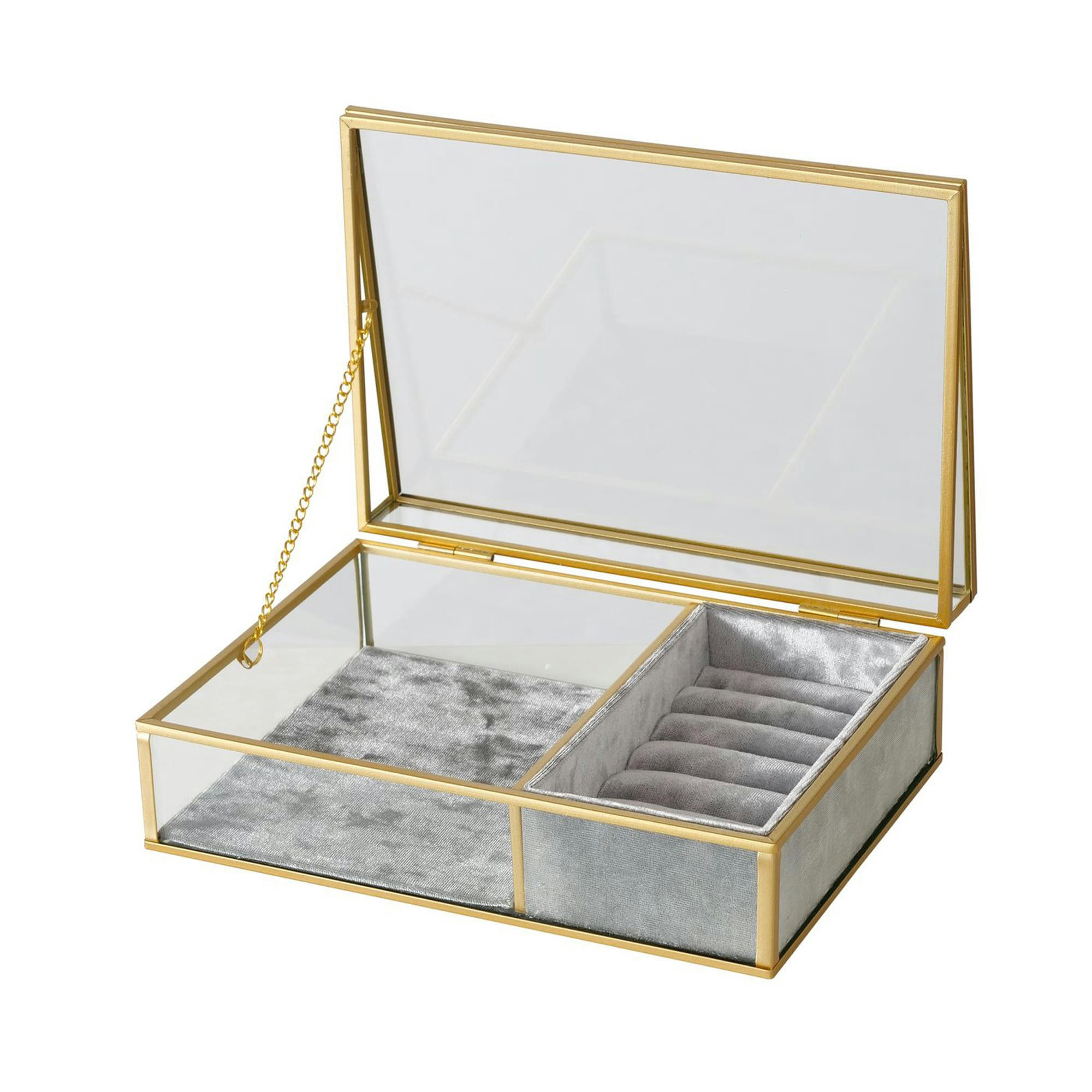 - Boîte à bijoux en métal doré, verre et velours gris 23x16x8cm
