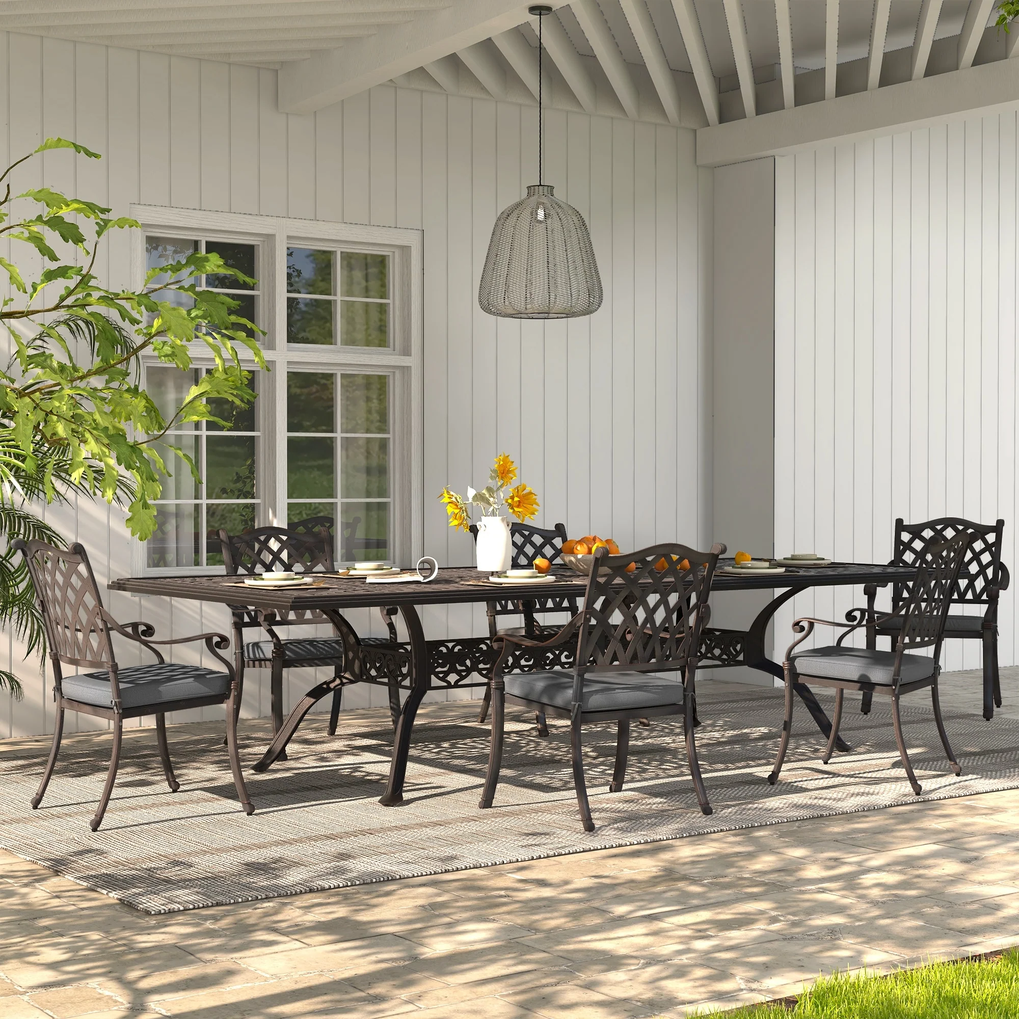 7-Piece Antique Bronze Cast Aluminum Outdoor Dining Set with Cushions & Umbrella hole