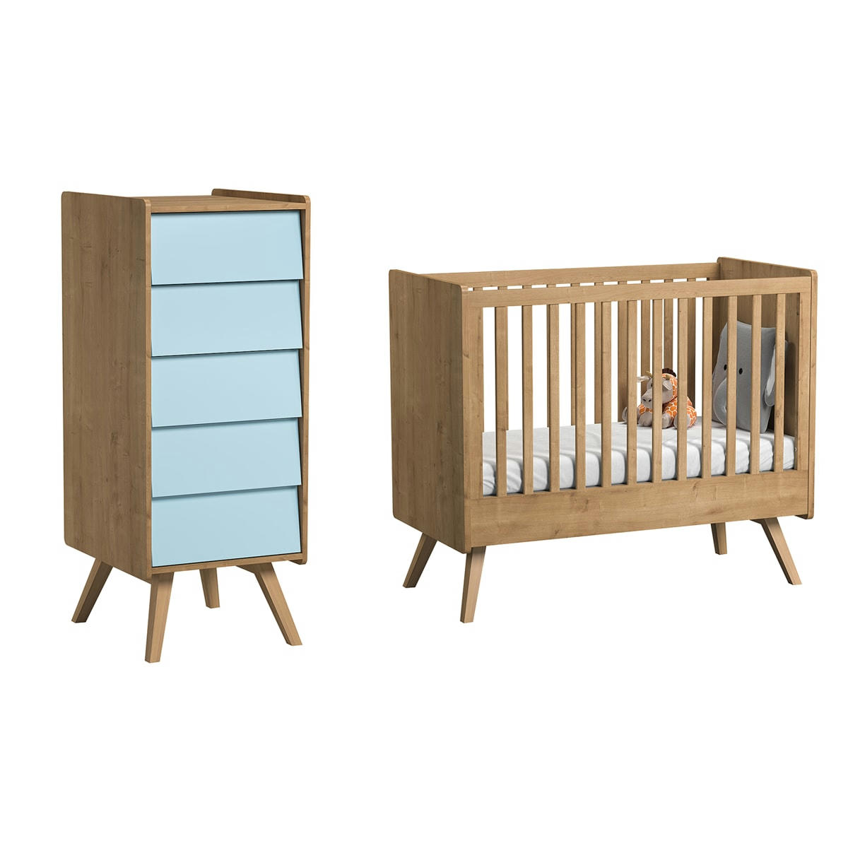 DUO - VINTAGE - Lit bébé 60x120 chiffonnier naturel bleu
