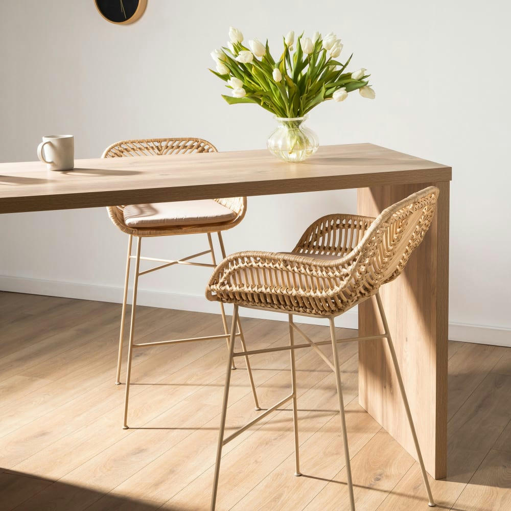 NUNUHAI - Lot de 2 tabourets de bar en rotin pieds beiges 68cm beige