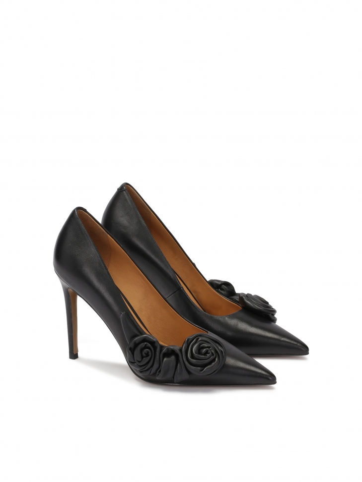 Black leather stilettos with roses