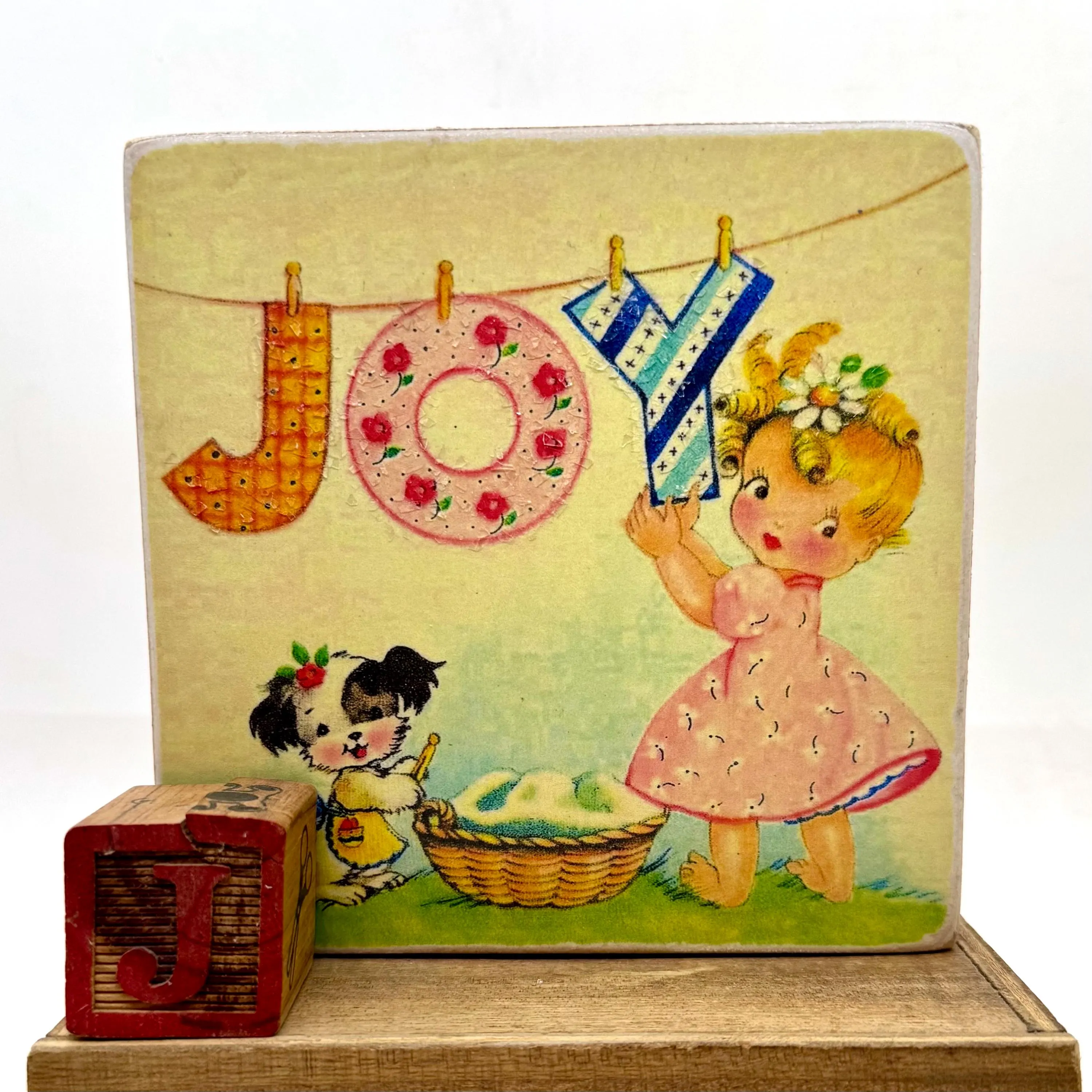 Vintage Style Joyful Girl and Dog Wood Sign/Shelf Sitter