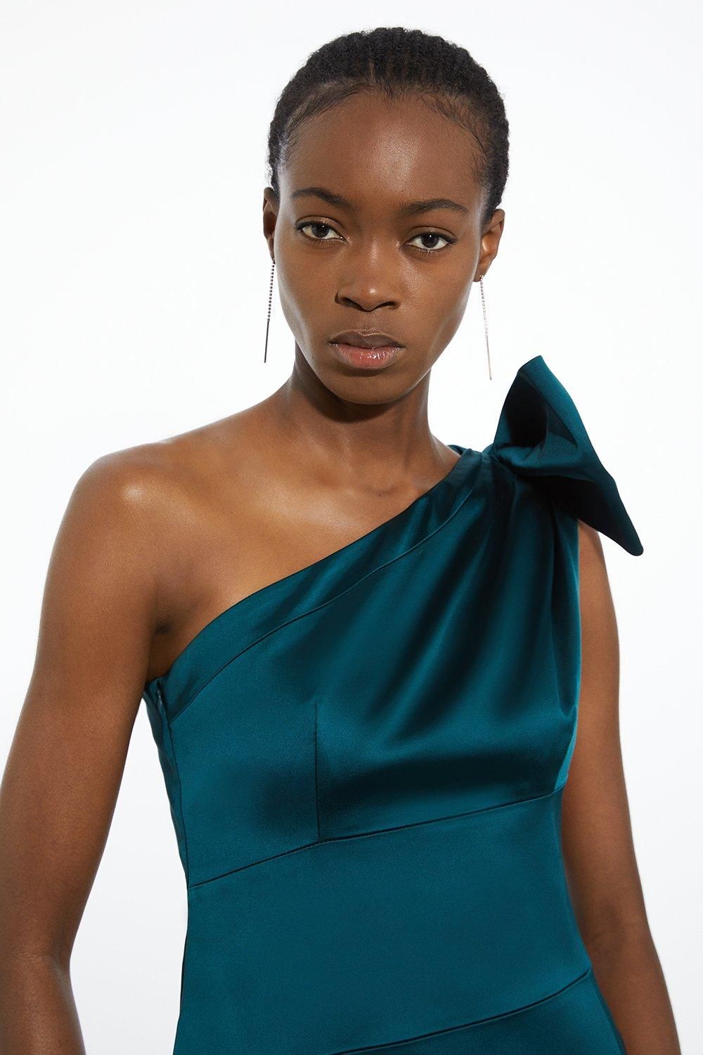 KarenMillen Petite Italian Satin One Shoulder Bow Detail Tailored Midi Dress