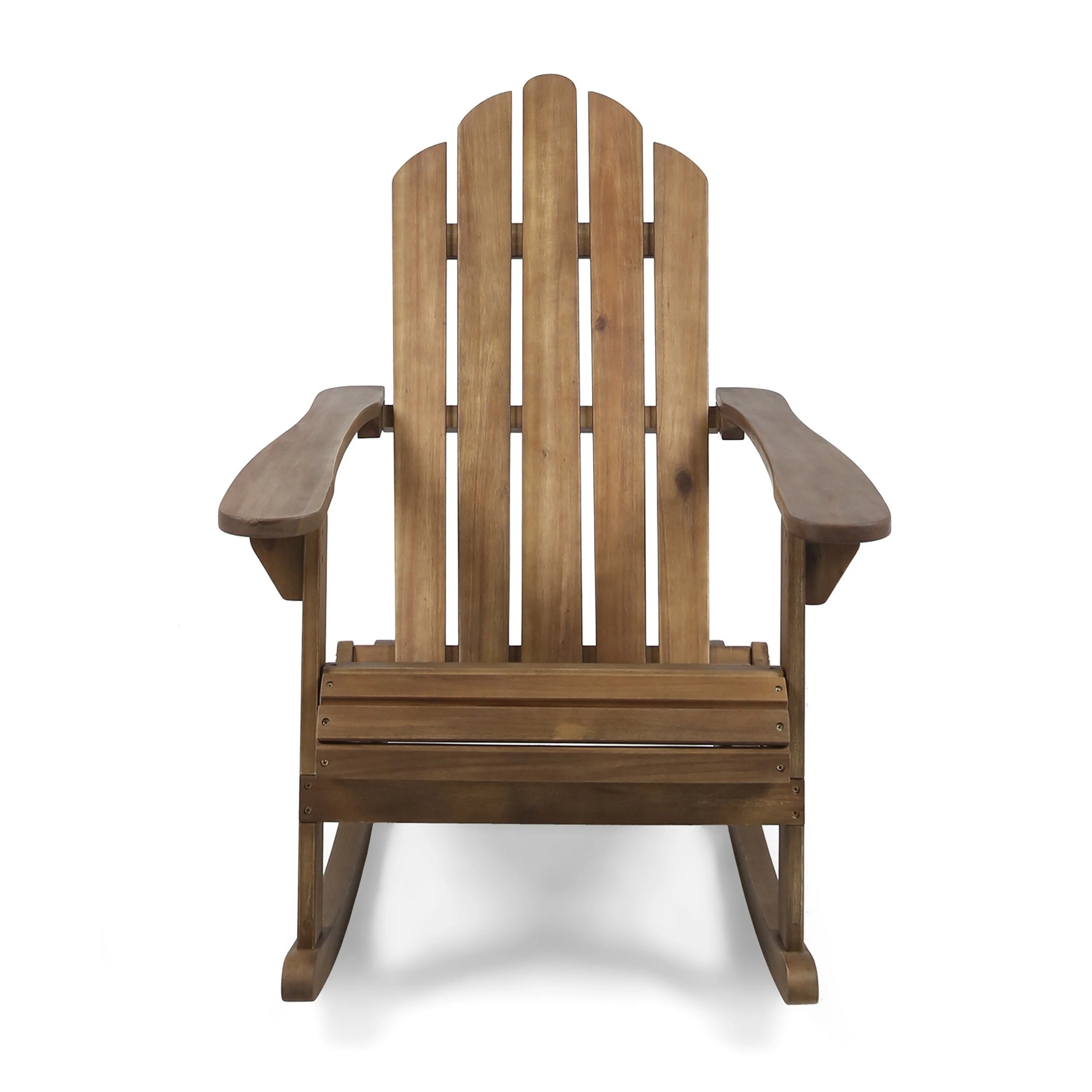 Outdoor Adirondack Rocking Chair, Slatted Back, Slope Arms, Dark Brown Wood