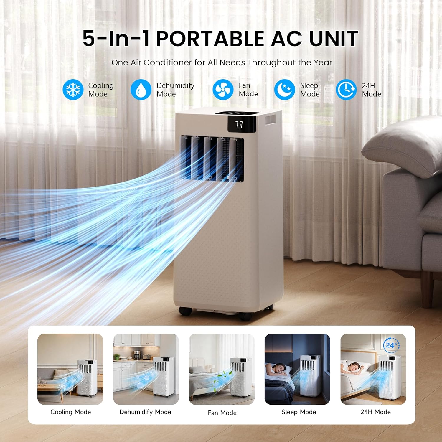 Portable Air Conditioner 16,000 BTU with WiFi App Control, 5-in-1 AC Unit (Cool, Fan, Dehumidifier, Sleep, Timer) for Rooms up to 850 sq ft, Leak-Proof Design, Window Kit