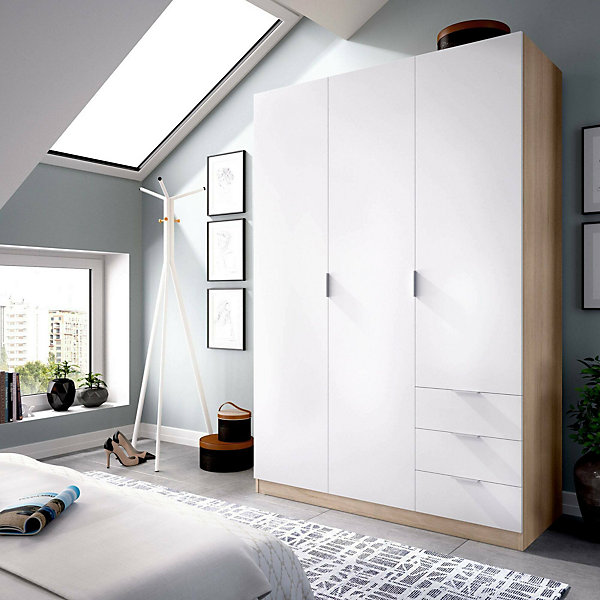Garde-robe 3 portes Cimone, Cintre pour chambre, armoire 3 tiroirs, 121x52h184 cm, Blanc et Chêne