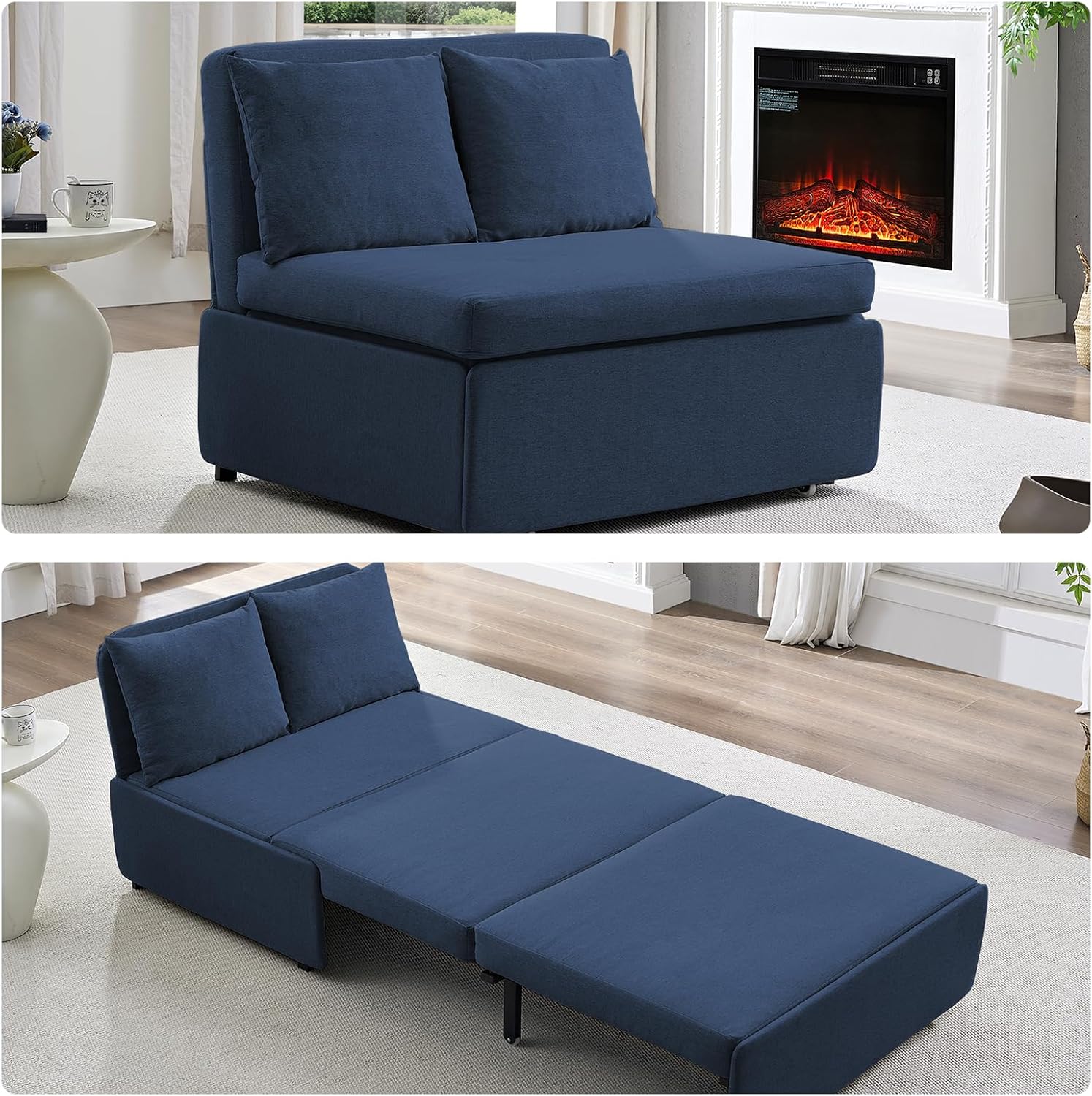 ijuicy 3 in 1 Twin Size Pull Out Sofa Bed Linen Sleeper Sofa with Pullout Bed, Convertible Loveseat Couch Beds with Pillows and Tri-fold Mattress for Small Space Apartment, Dark Blue