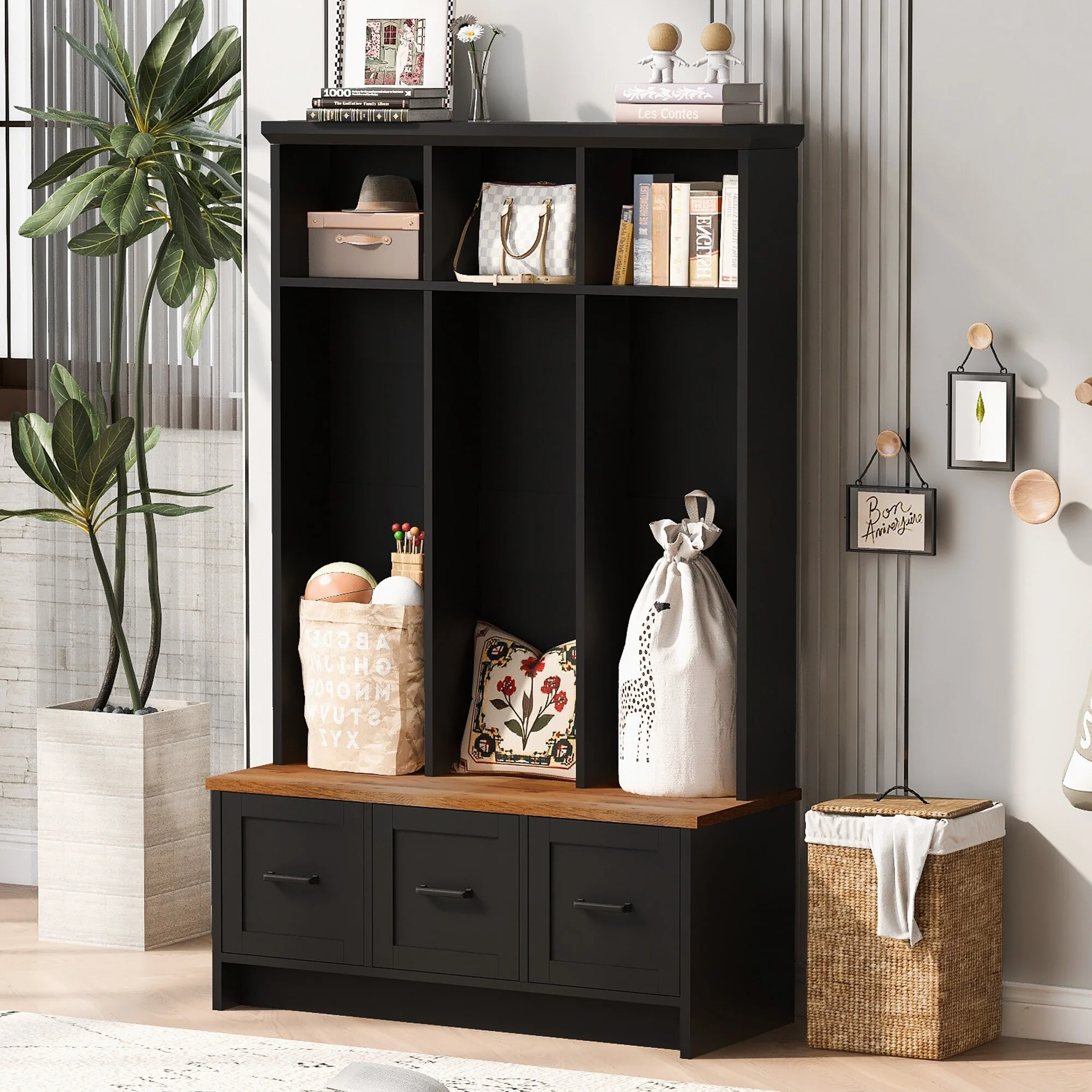 Modern Hall Tree for Hallway with 3 Shelves and Drawers, 65.4''H Wood Coat Tree with Storage Bench for Living Room