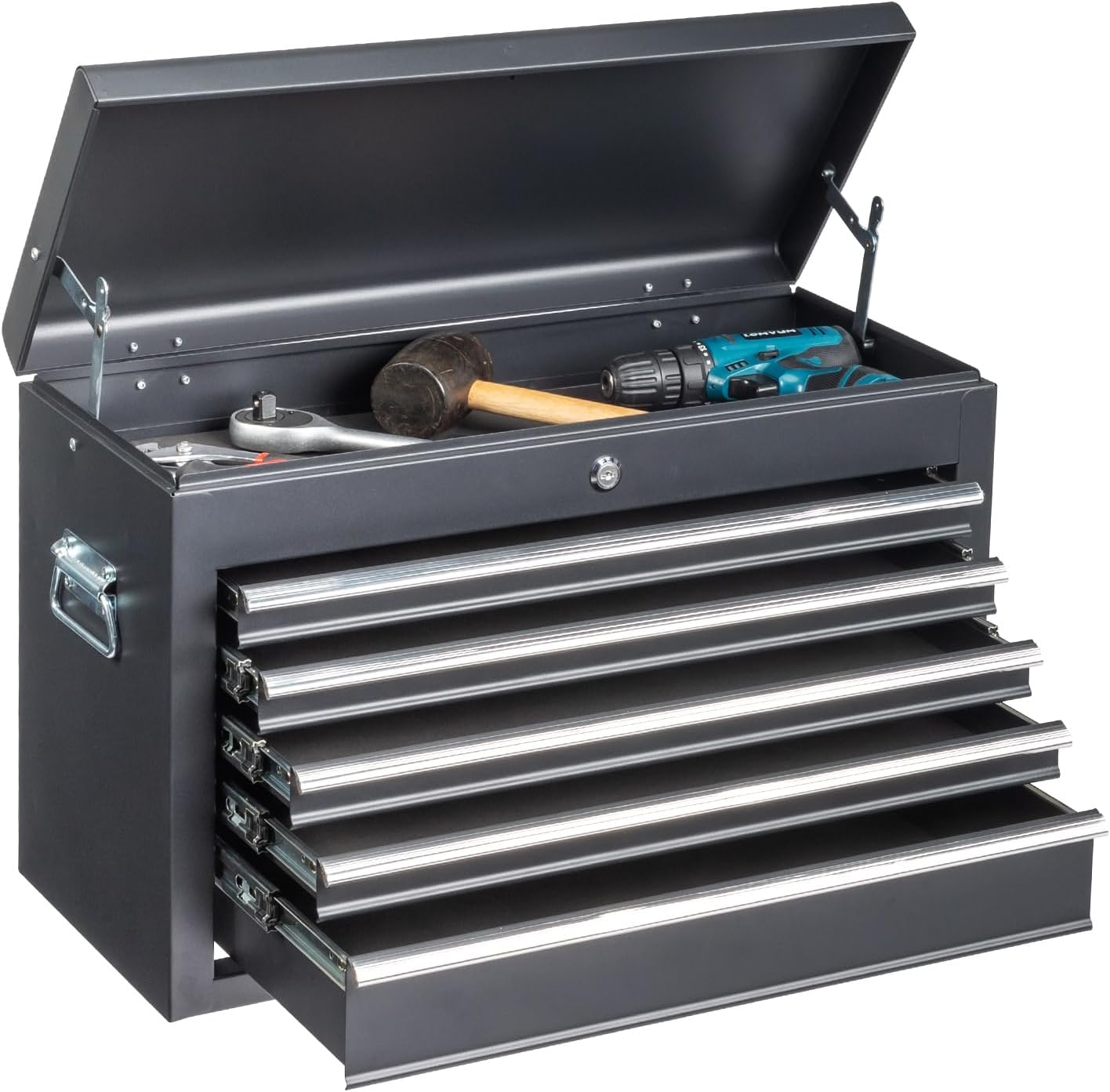 Winado 24 Portable Metal Tool Box, 5 Drawers Toolbox with Top Storage Tray, Carry Handle, Ball Bearing Runners, Lockable Tool Chest Cabinet for Garage, Warehouse, Repair Shop & Home, Black