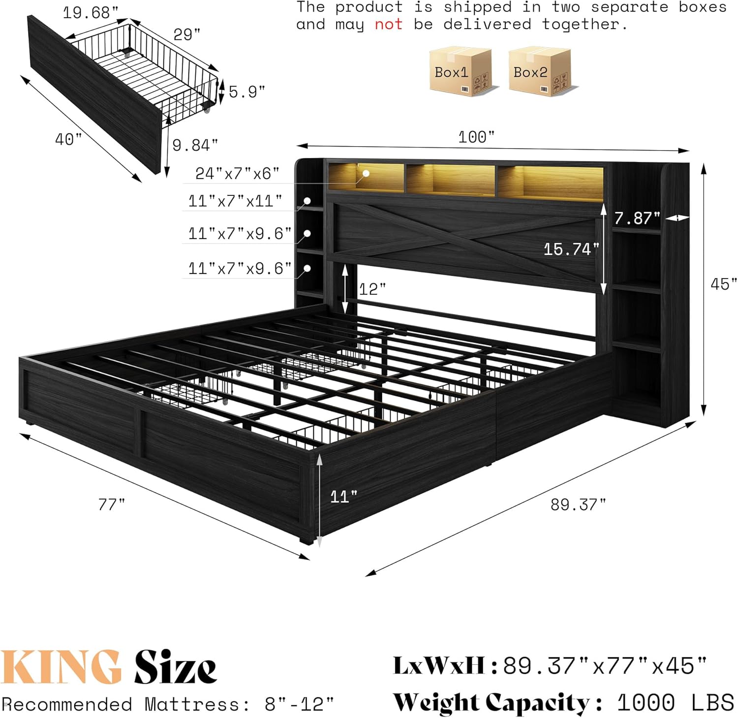 AMERLIFE 45'' Farmhouse King Bed Frame with 4 Drawers, LED Bed Frame with Bookcase Headboard & Side Shelves, Wood Platform Bed with Charging Station, Black