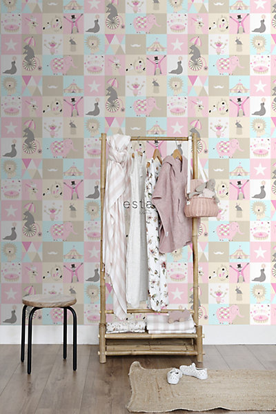 ESTAhome papier peint l'univers du cirque rose clair, bleu clair et beige 53 cm x 10.05 m