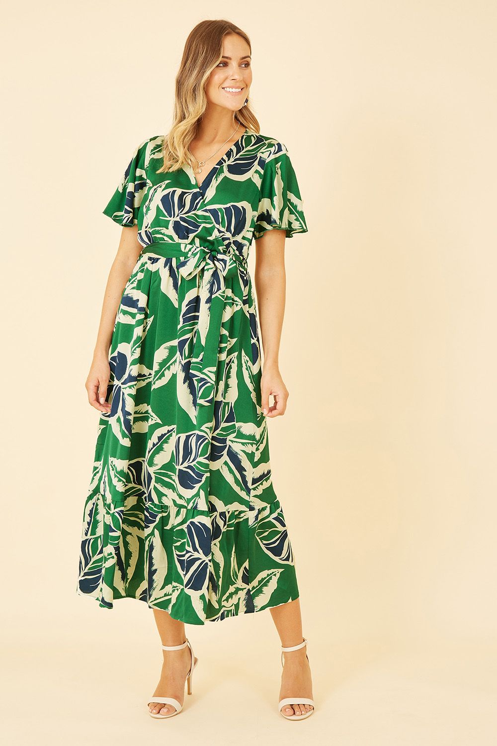 Yumi Green Tropical Leaf Print Wrap Midi Dress